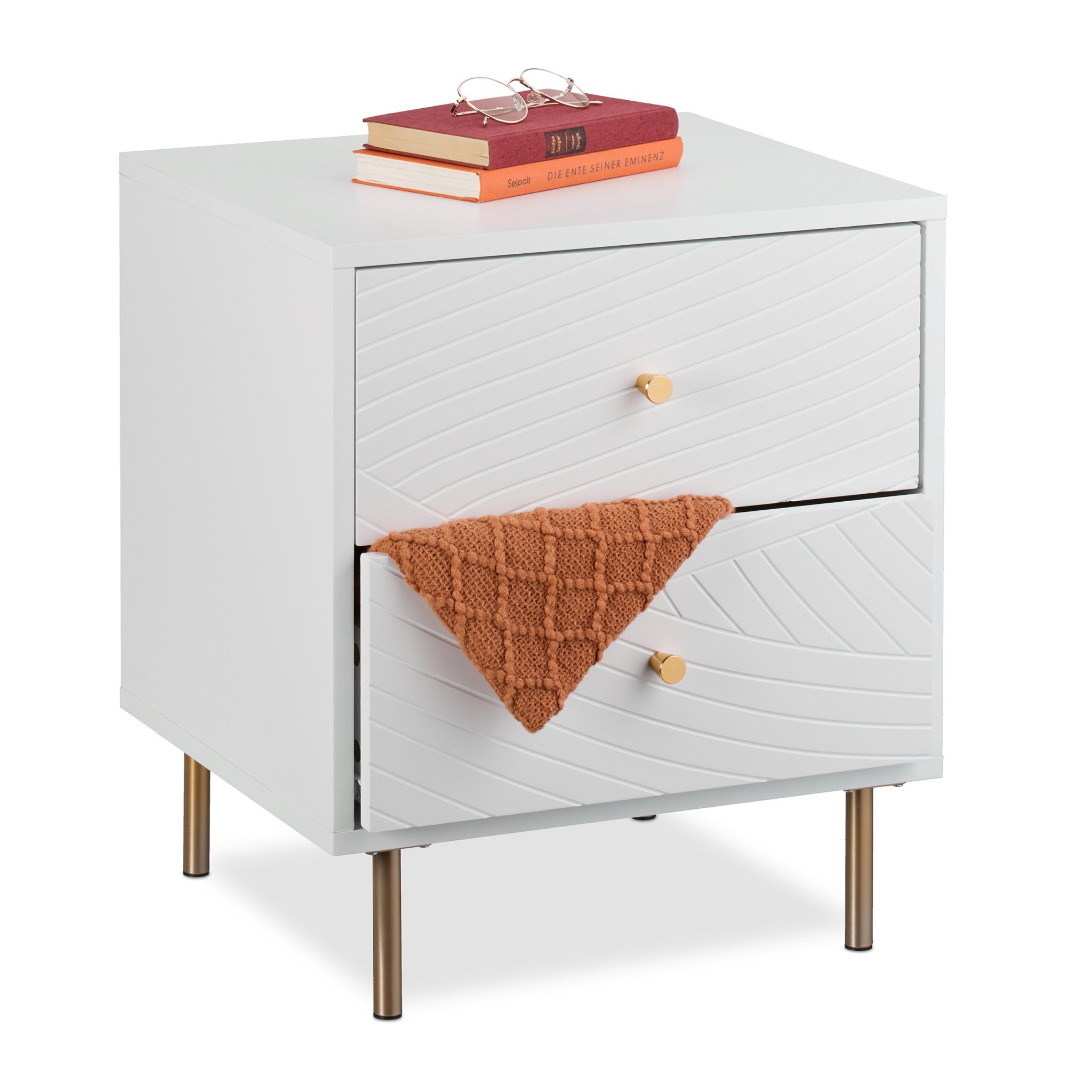 Nachttisch mit 2 Schubladen Weiss-Gold