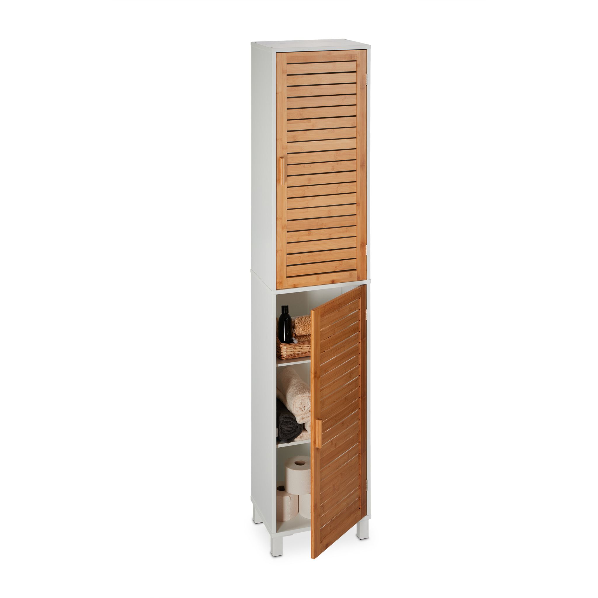 Hoher Badezimmerschrank Weiss-Hellbraun