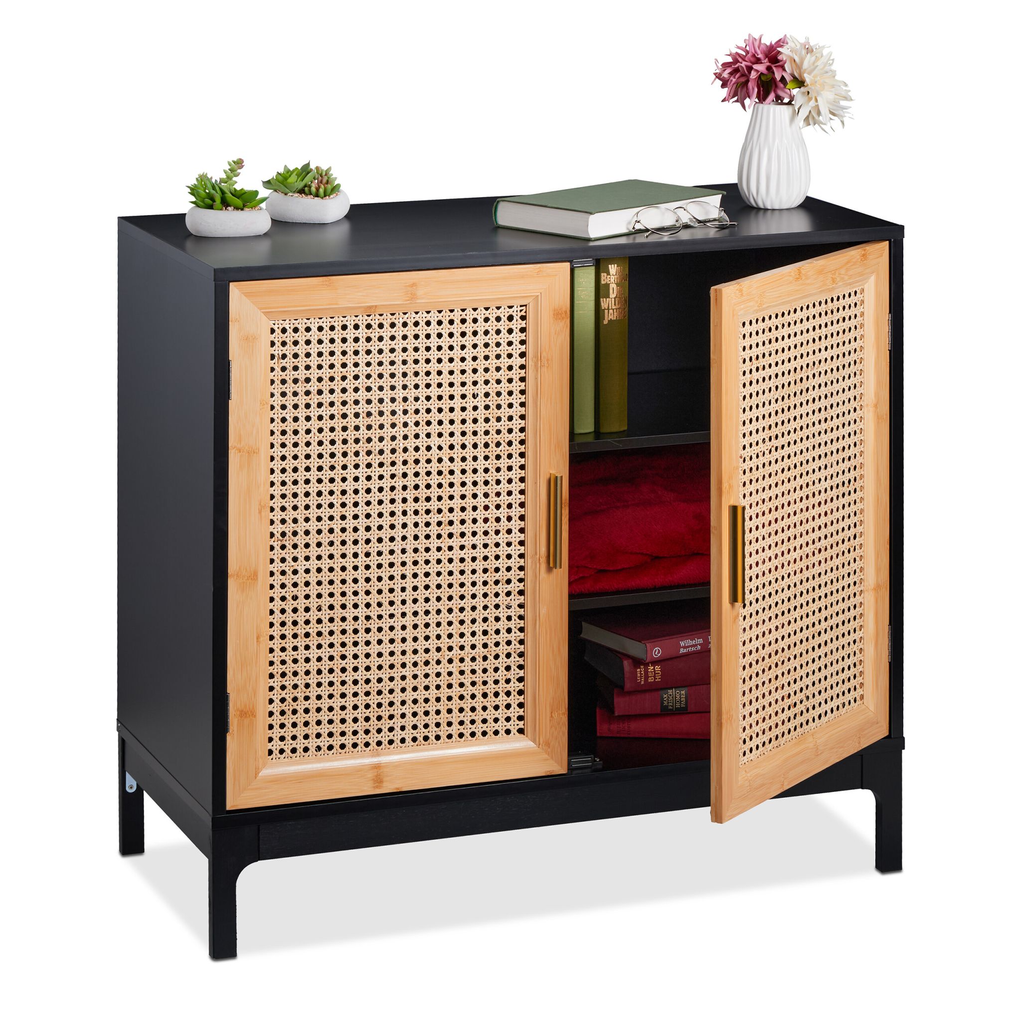 Sideboard mit 2 Rattan-Türen Gold-Hellbraun-Schwarz