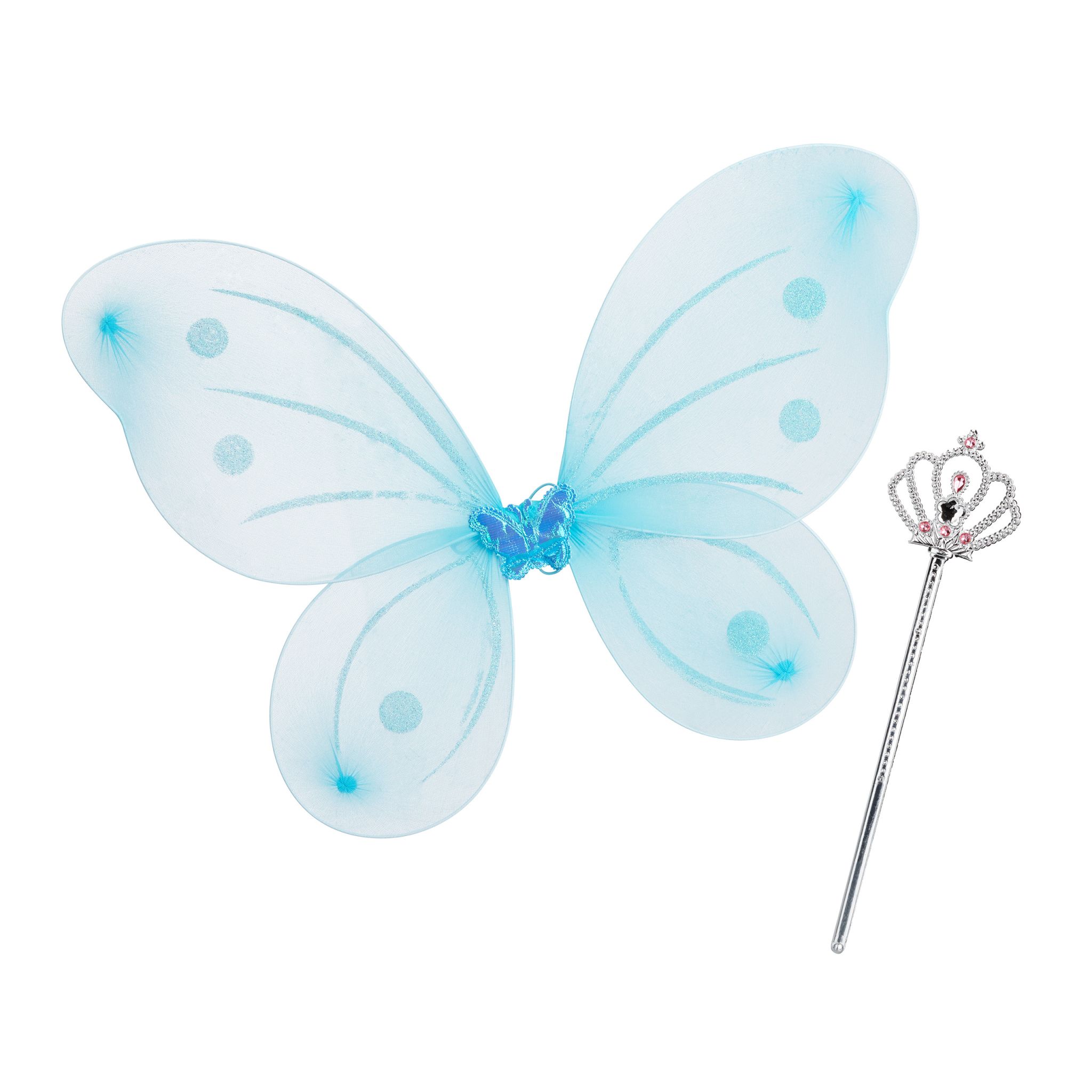 Feenflügel mit Zauberstab Weiss-Hellblau-Silber