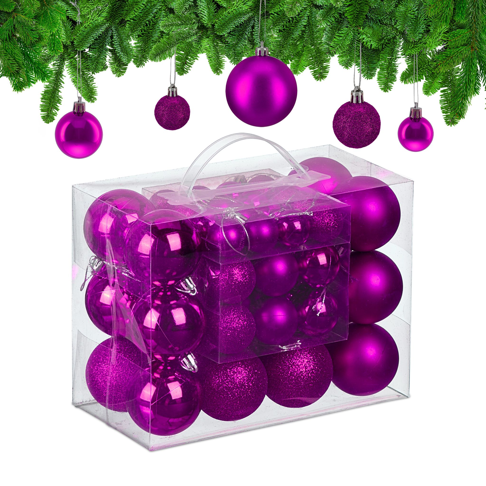 Weihnachtskugeln 50er-Set Matt-Glänzend-Glitzer Pink-Silber
