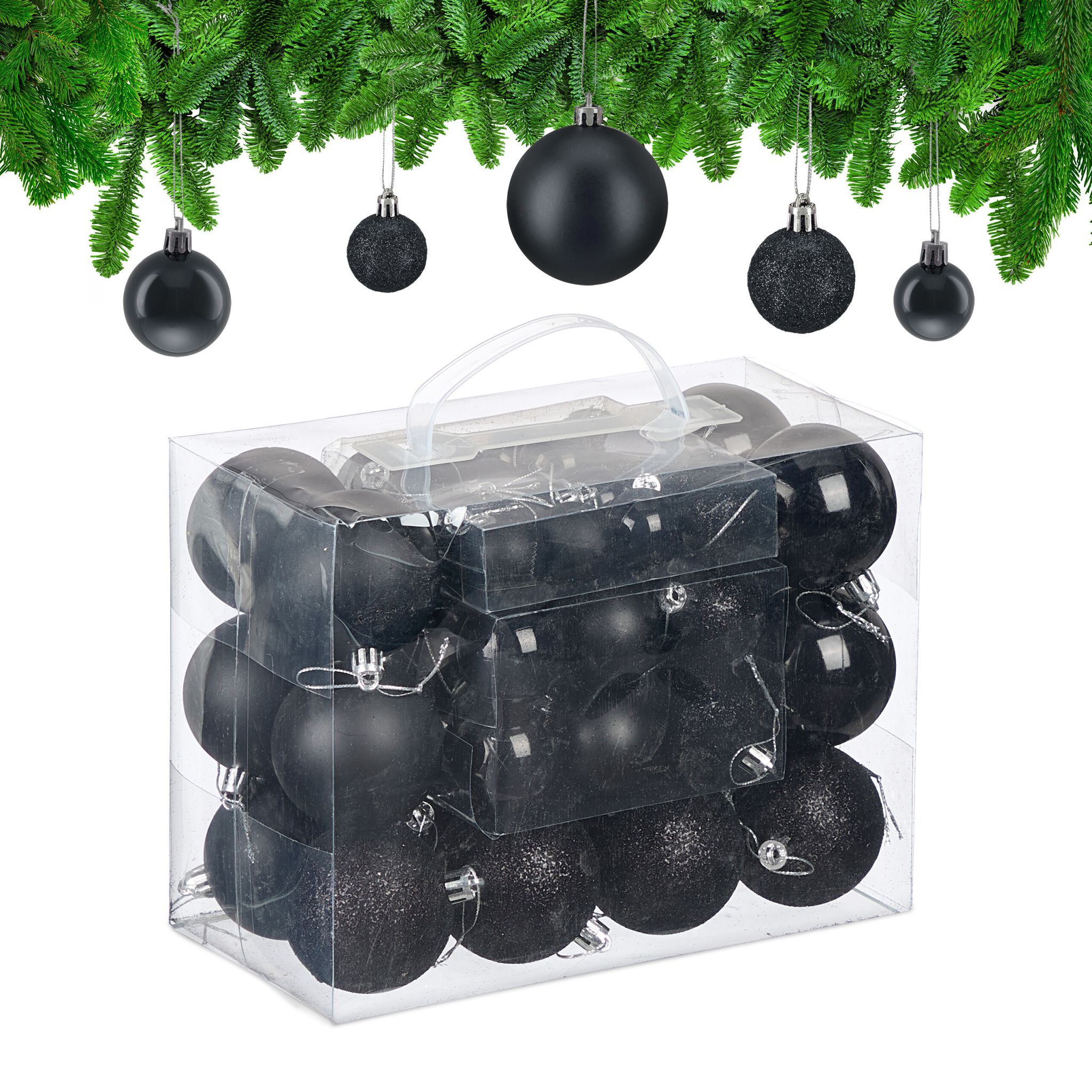 Weihnachtskugeln 50er-Set Matt-Glänzend-Glitzer Schwarz-Silber
