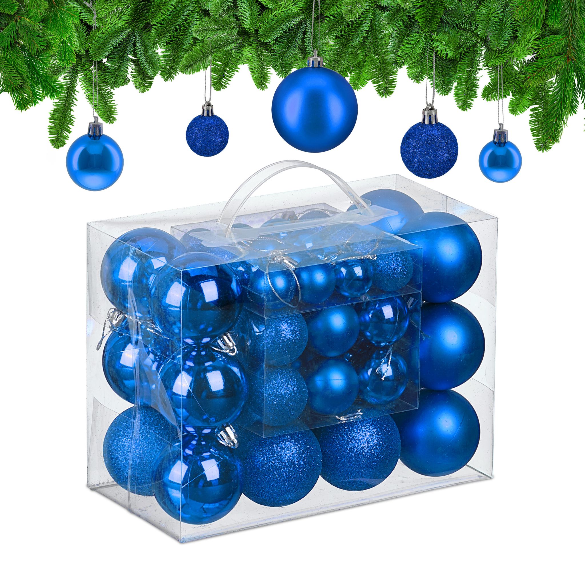 Weihnachtskugeln 50er-Set Matt-Glänzend-Glitzer Blau-Silber