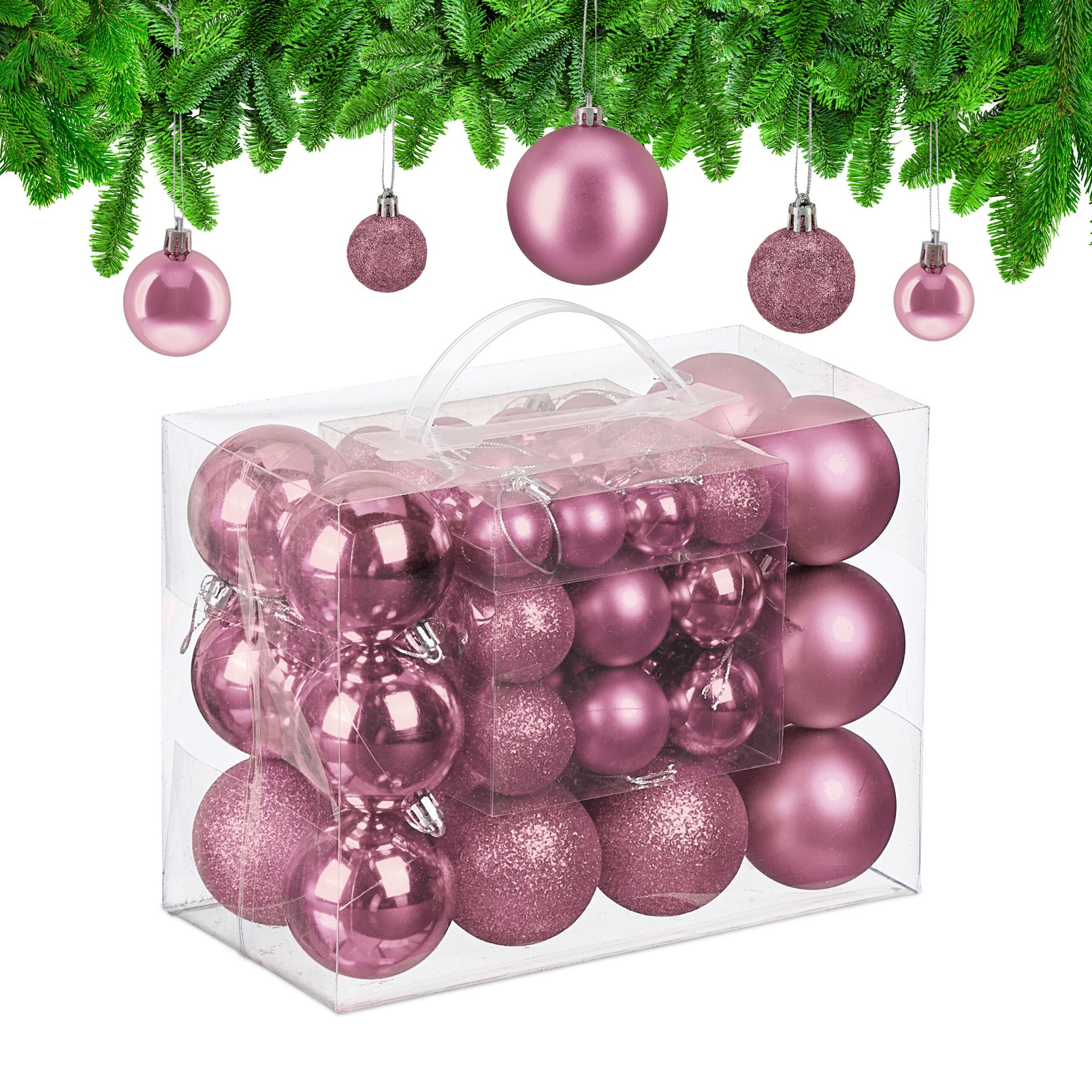 Weihnachtskugeln 50er-Set Matt-Glänzend-Glitzer Rosa-Silber
