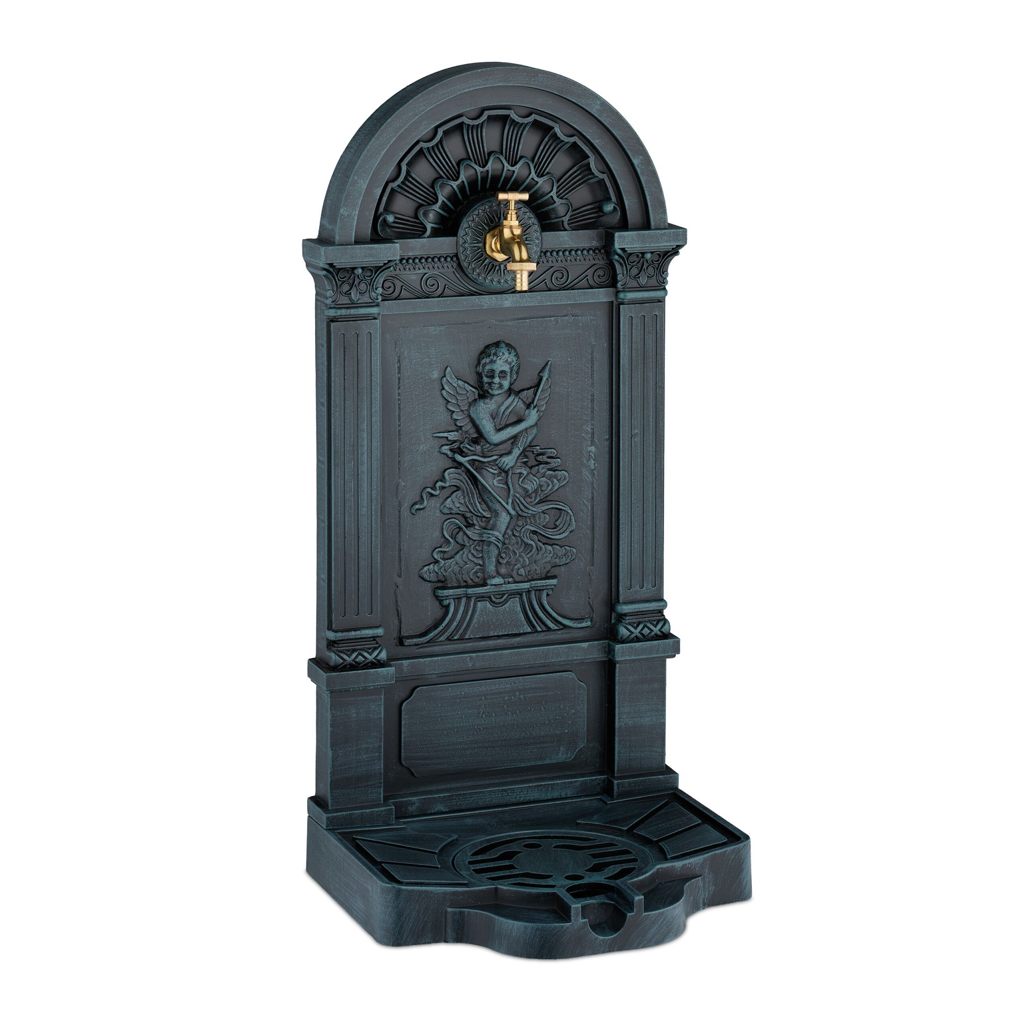 Standbrunnen Engel-Design Dunkelgrün-Gold-Grau