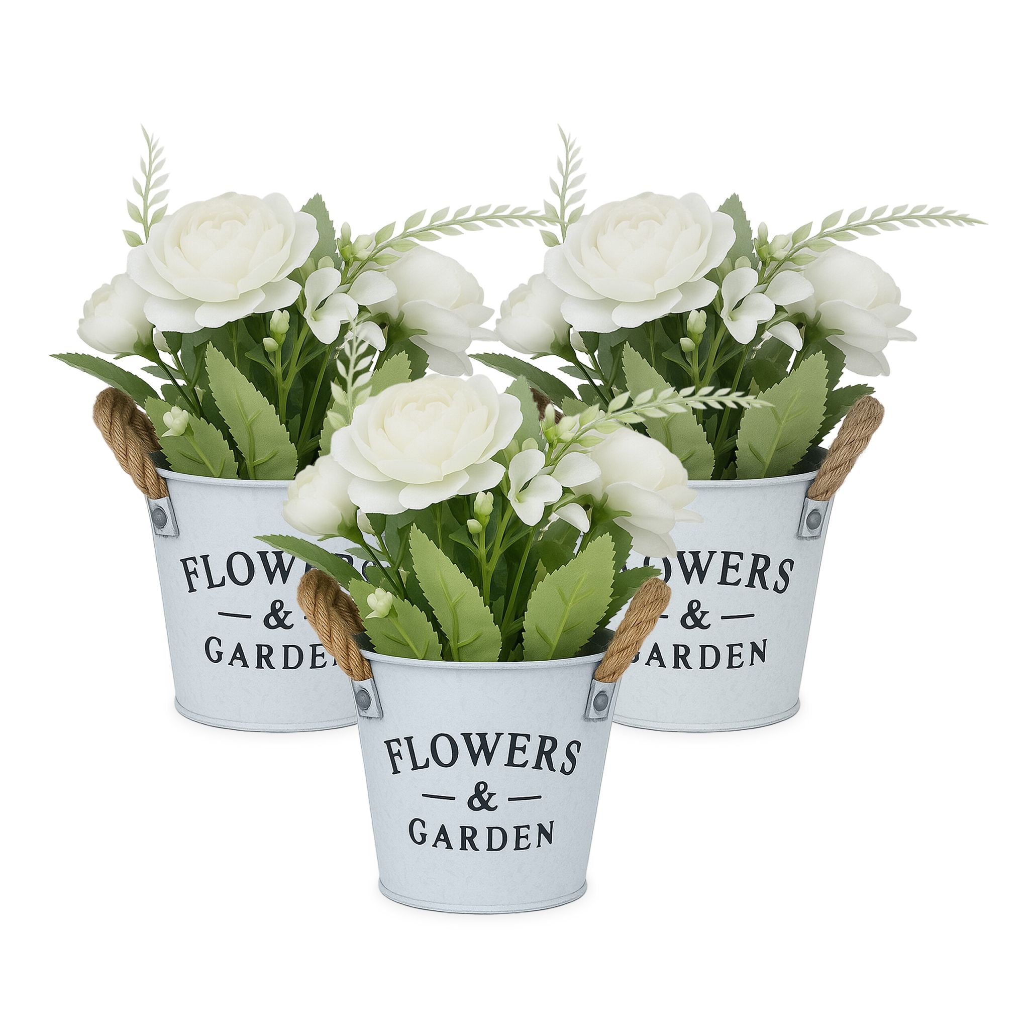 Kunstblumen Topf 3er-Set Weiss-Grün-Grau