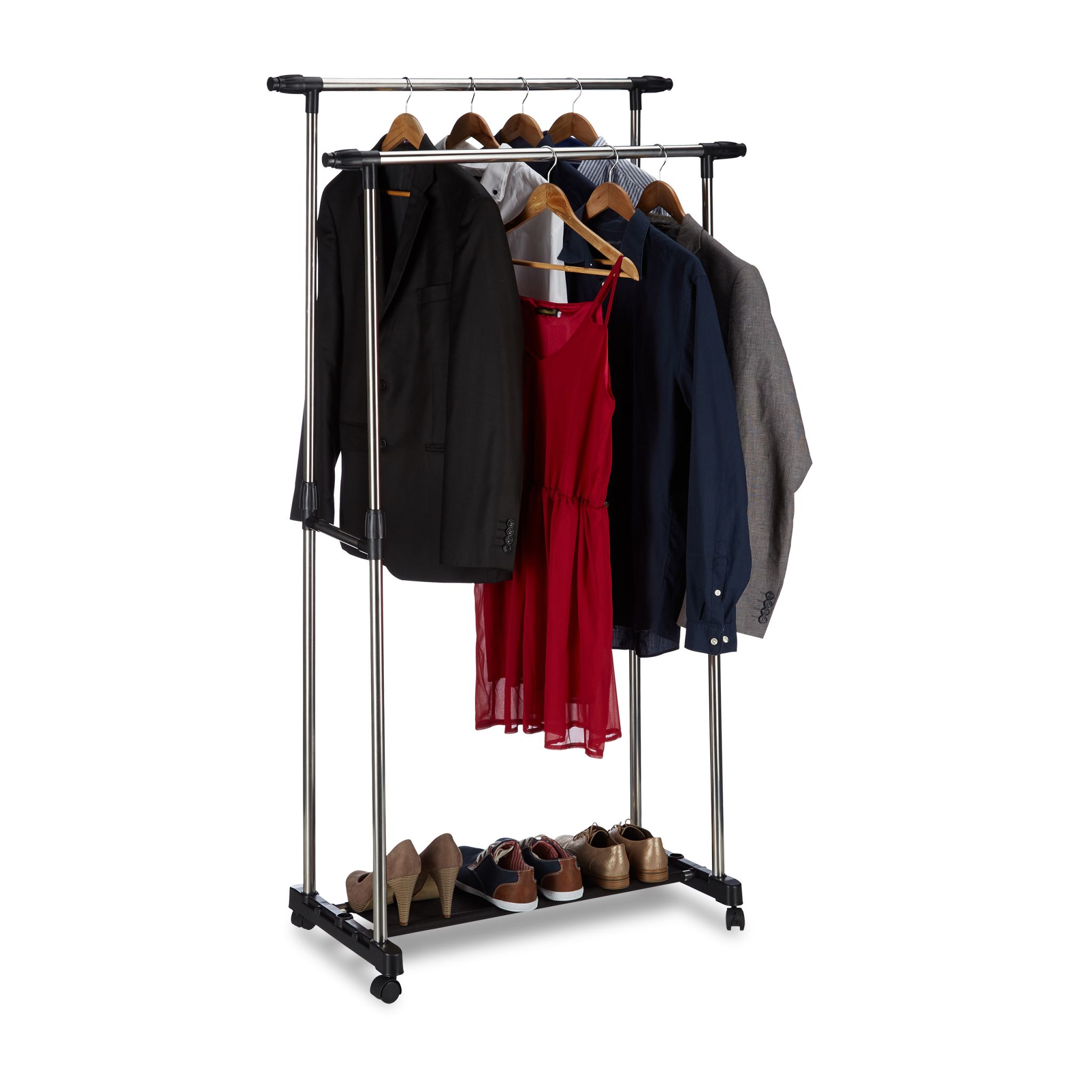 Rollgarderobe mit 2 Kleiderstangen Schwarz-Silber