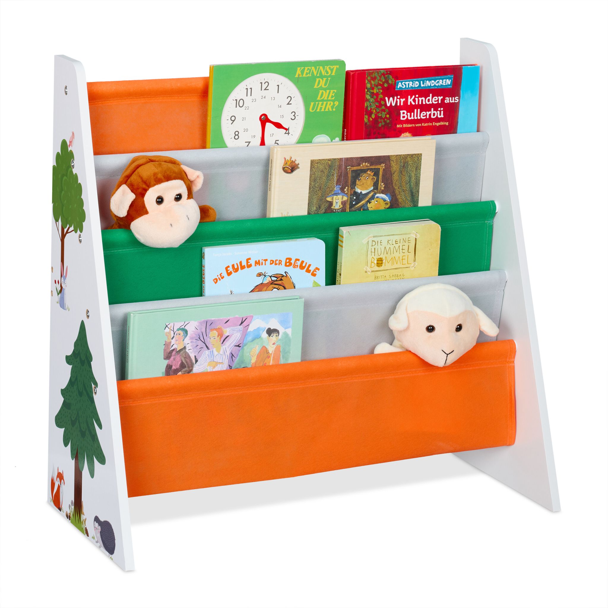 Bücherregal Kinder Waldtiere Weiss-Dunkelgrün-Orange