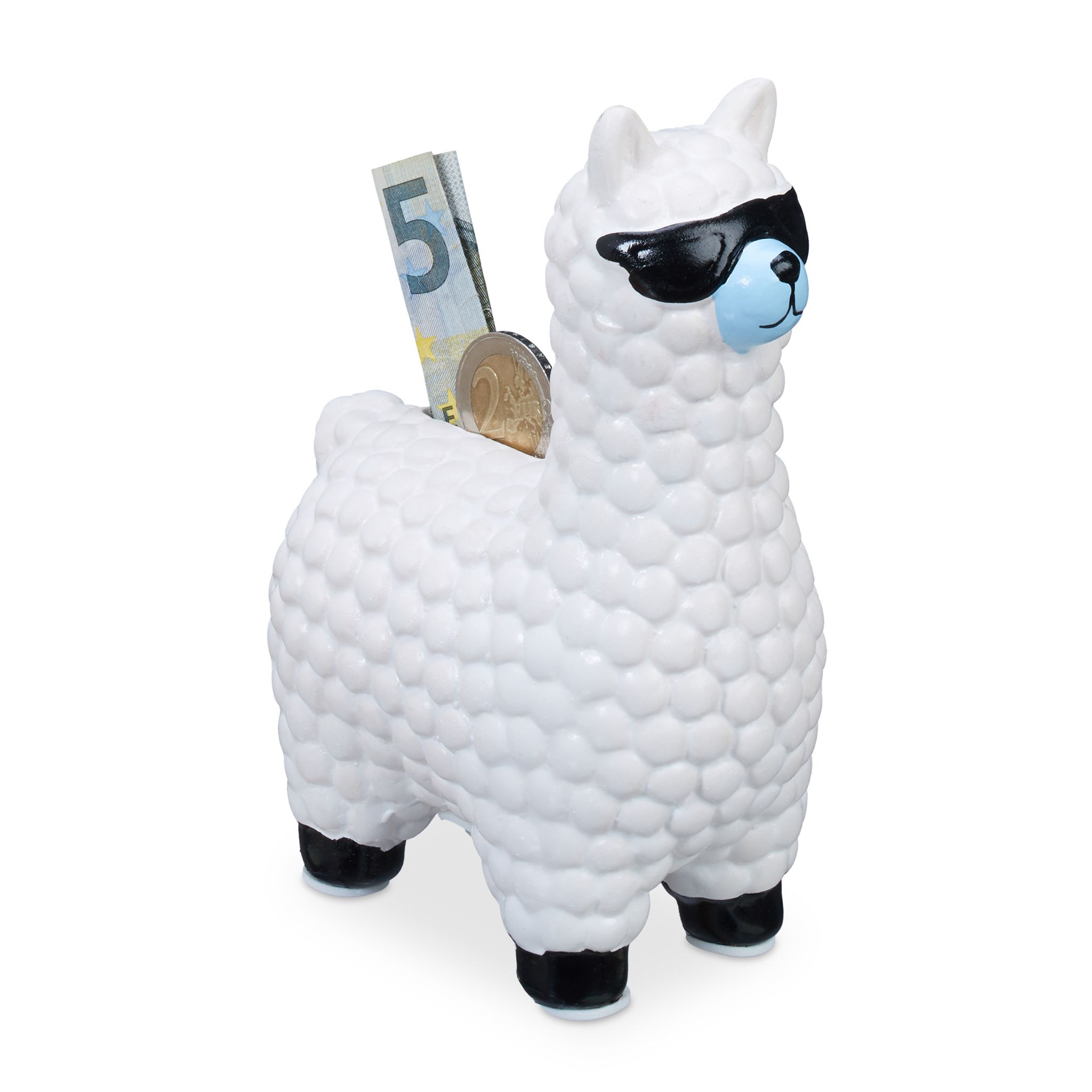 Spardose Lama mit Sonnenbrille Weiss-Hellblau-Schwarz
