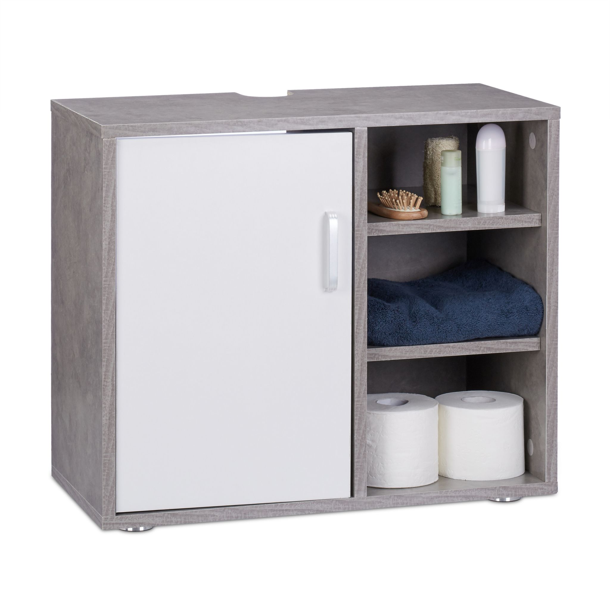 Waschbeckenunterschrank 4 Fächer Weiss-Silber-Grau