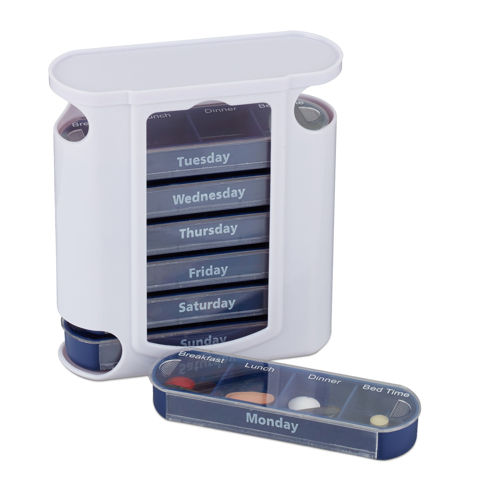 Pillendose 7 Tage 4 Fächer Englisch Weiss-Dunkelblau-Transparent