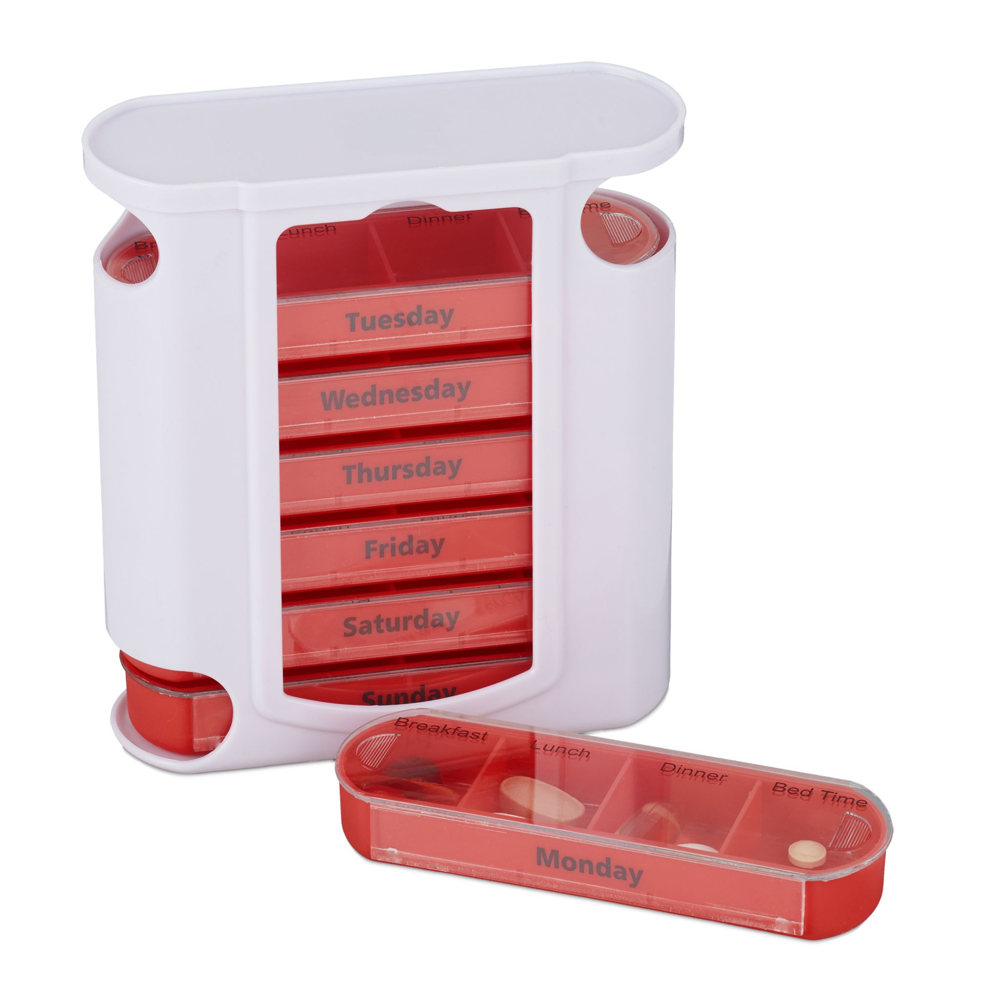 Pillendose 7 Tage 4 Fächer Englisch Weiss-Rot-Transparent