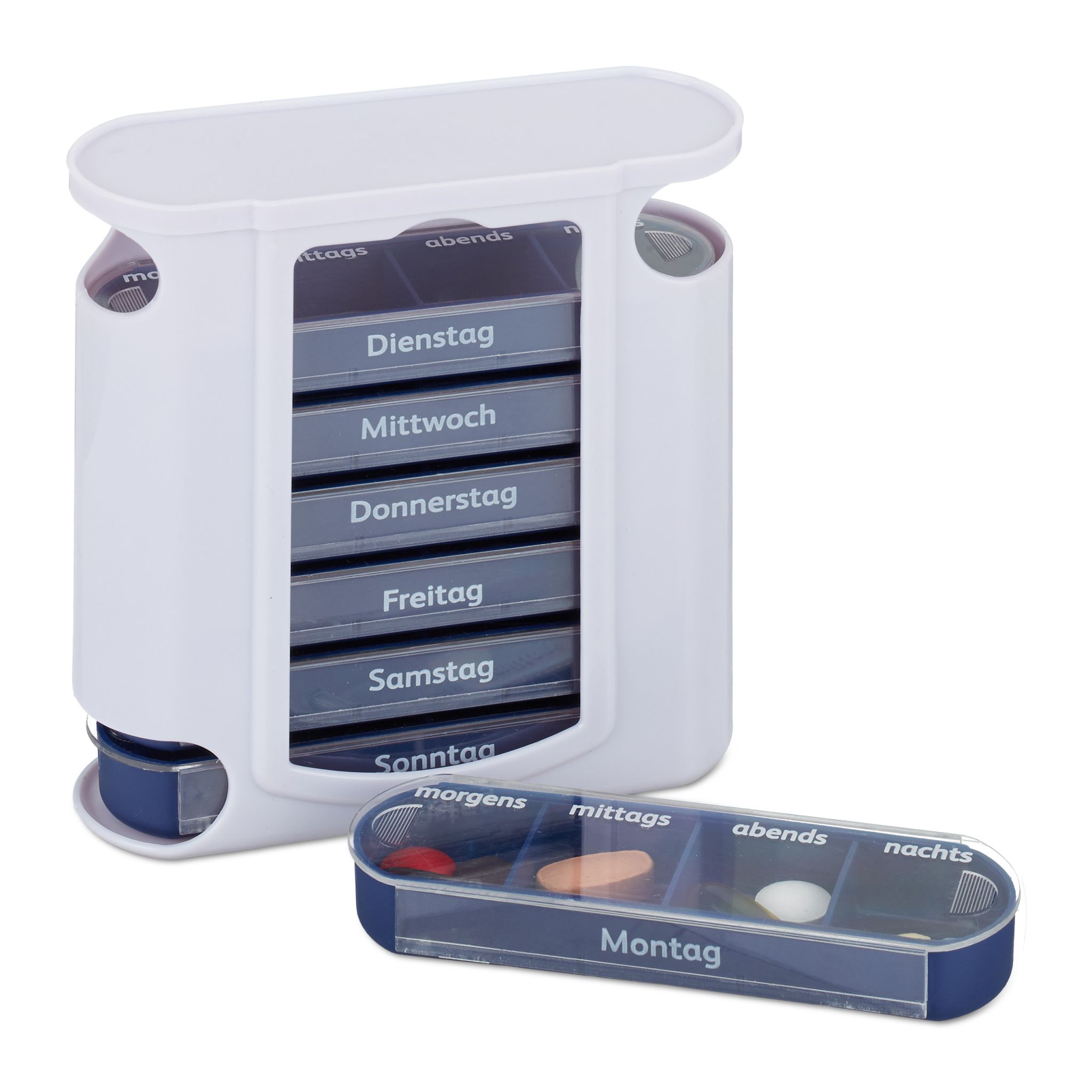 Pillendose 7 Tage 4 Fächer Weiss-Dunkelblau-Transparent