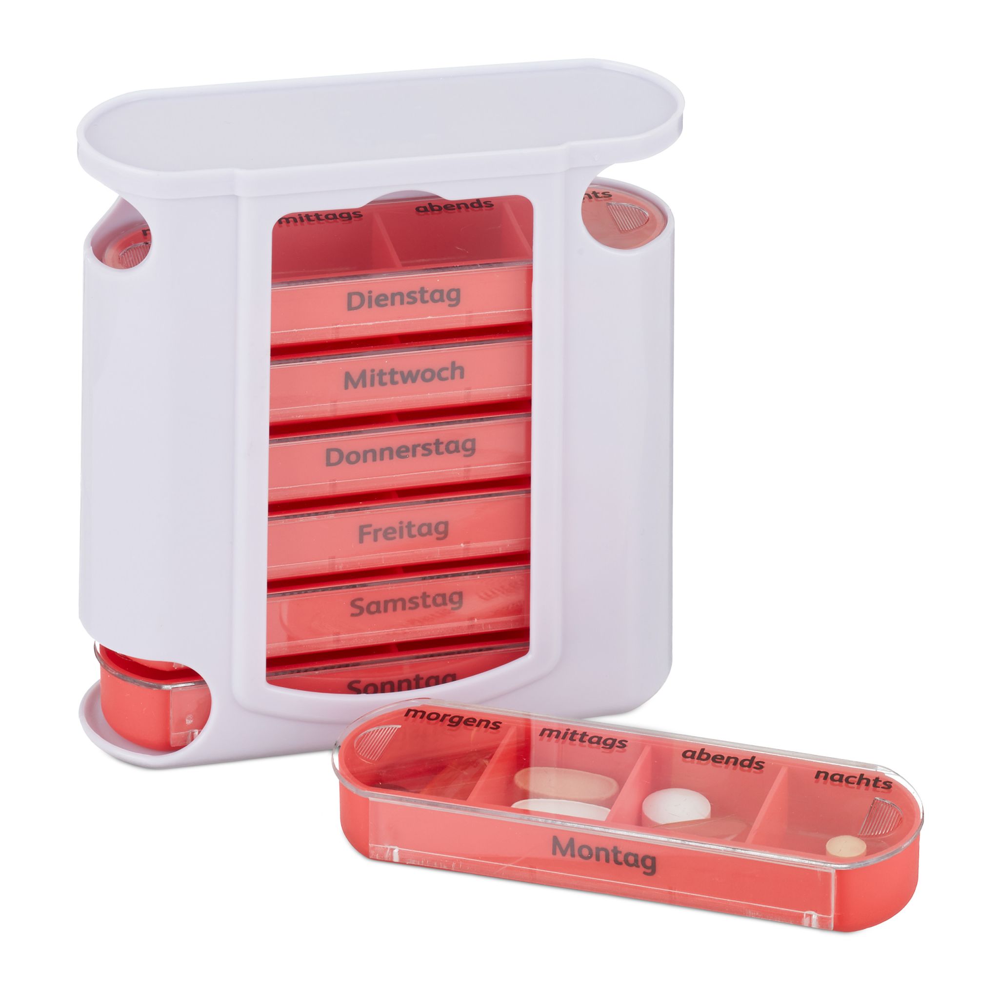 Pillendose 7 Tage 4 Fächer Weiss-Rot-Transparent