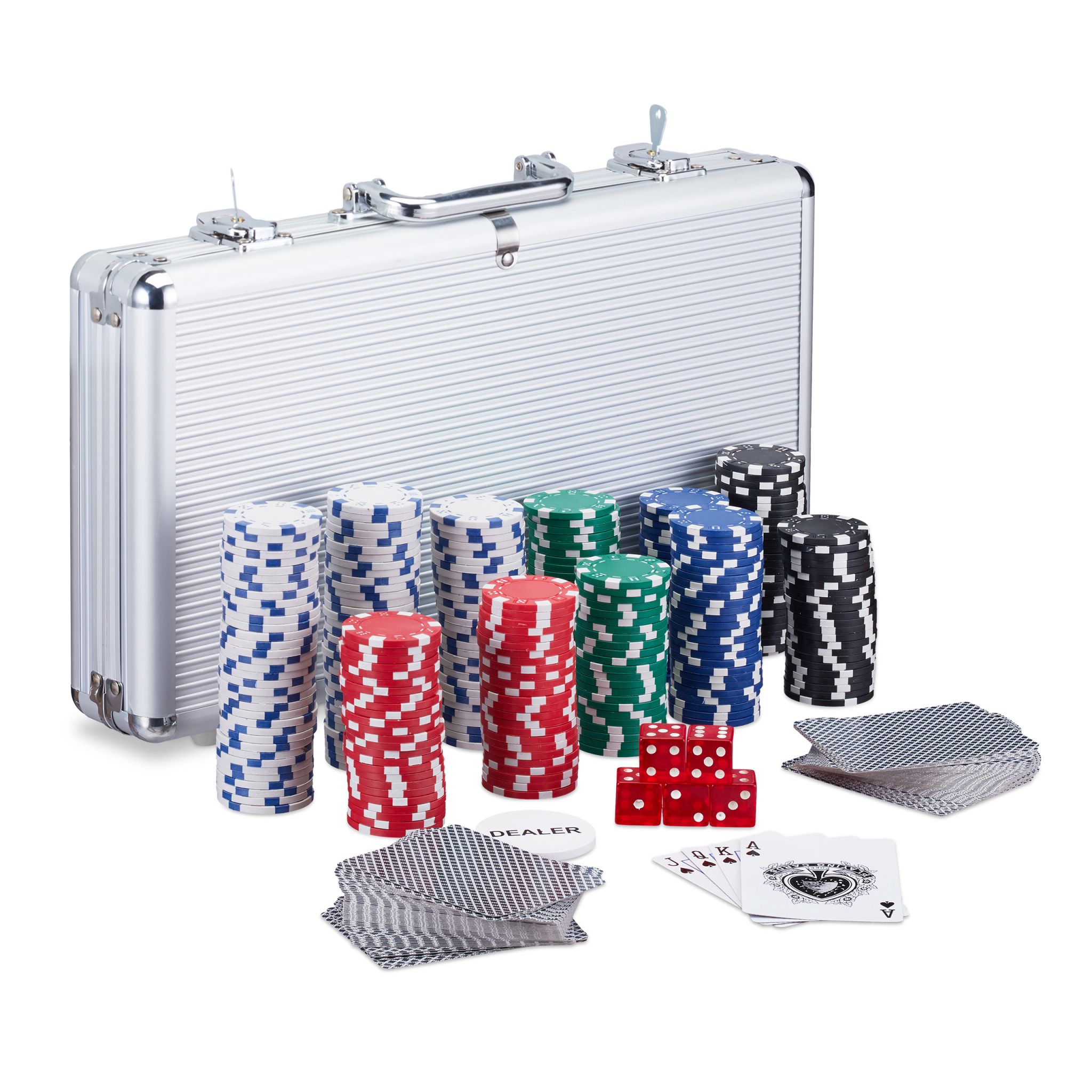 Pokerkoffer mit 300 Laserchips Blau-Rot-Silber