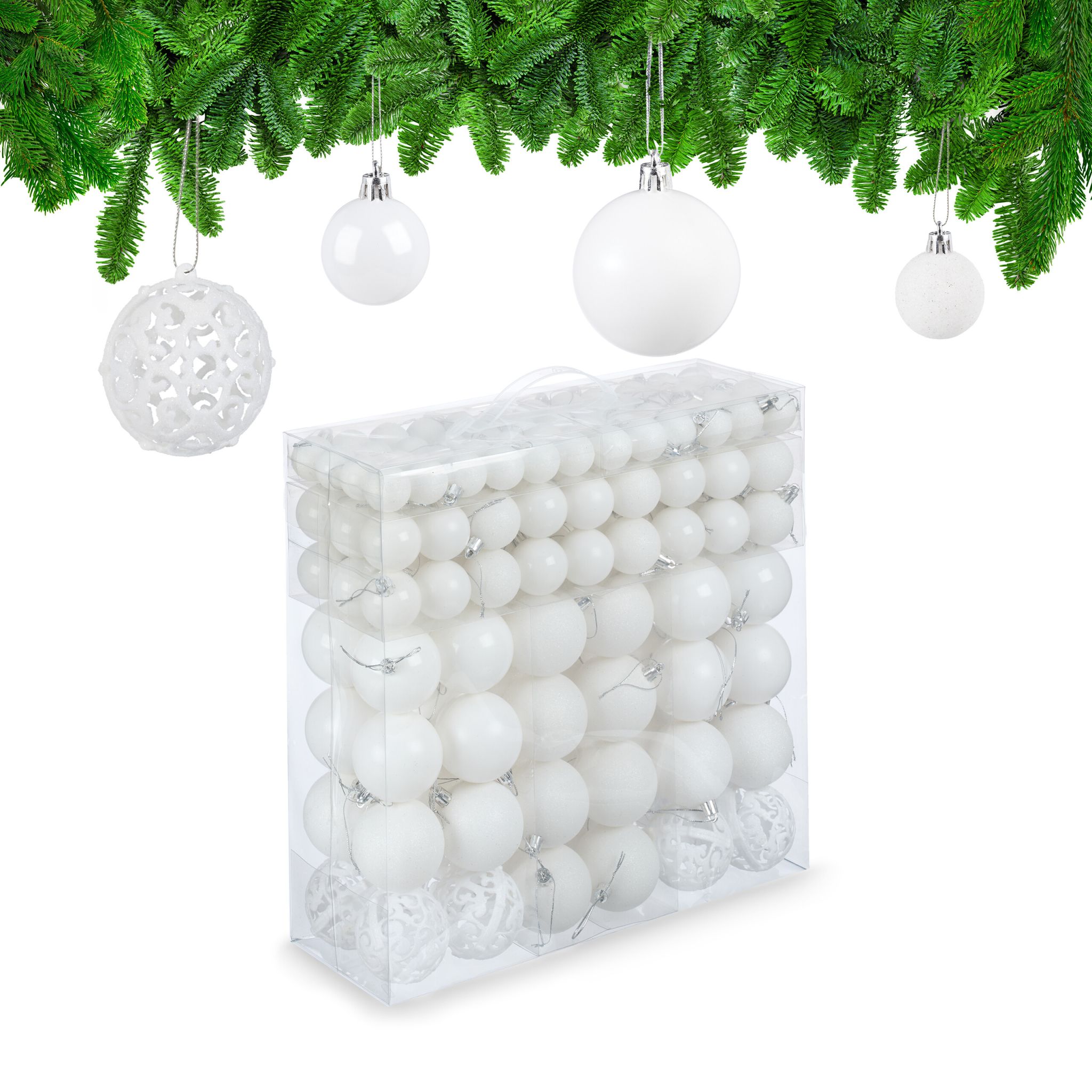 Weihnachtskugeln im 150er-Set Weiss-Silber
