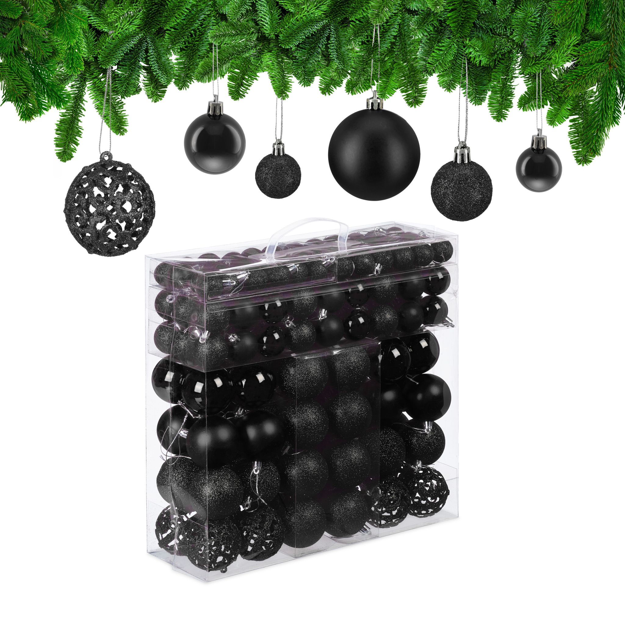 Weihnachtskugeln im 150er-Set Schwarz-Silber