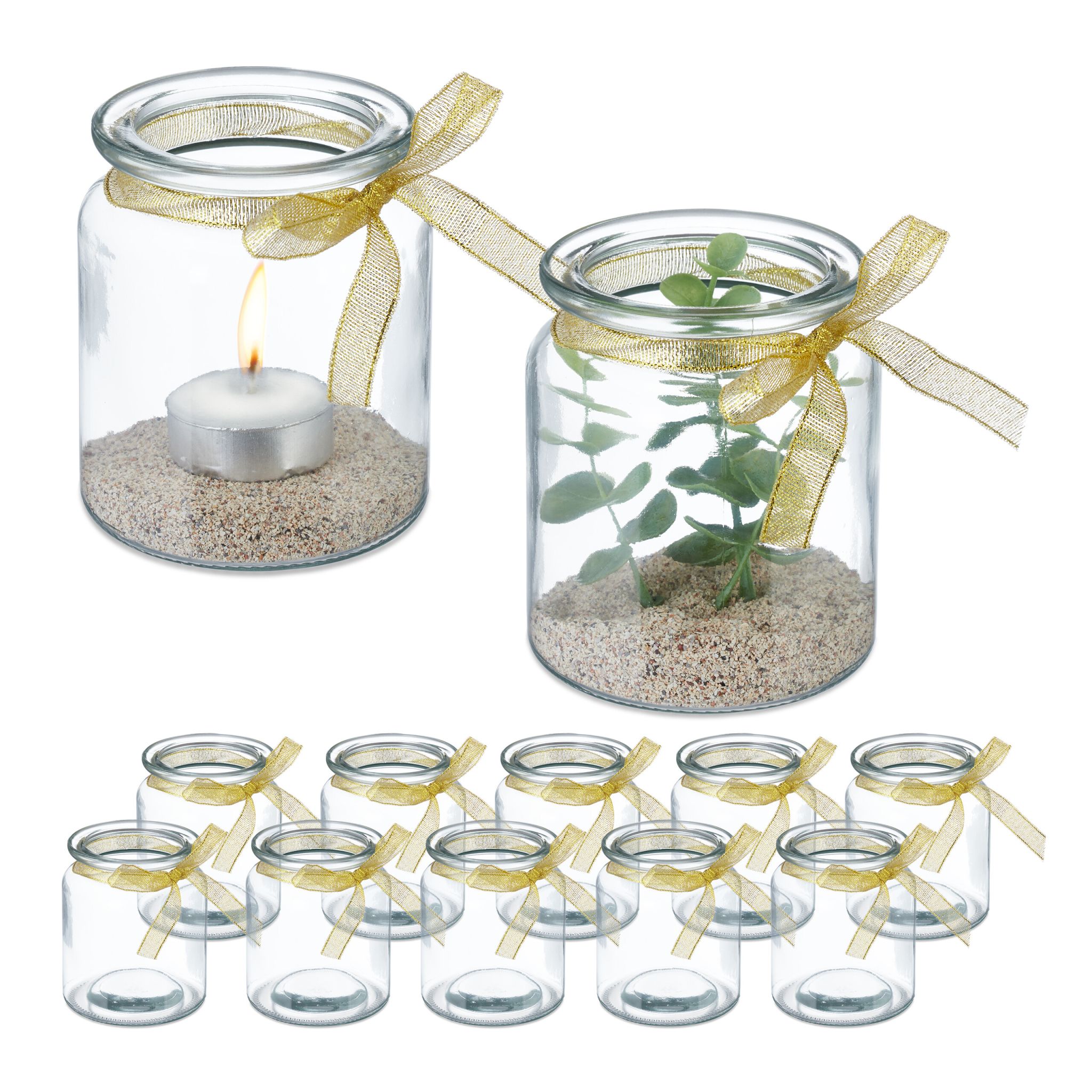 Windlicht 12er-Set mit Schleife Gold-Transparent
