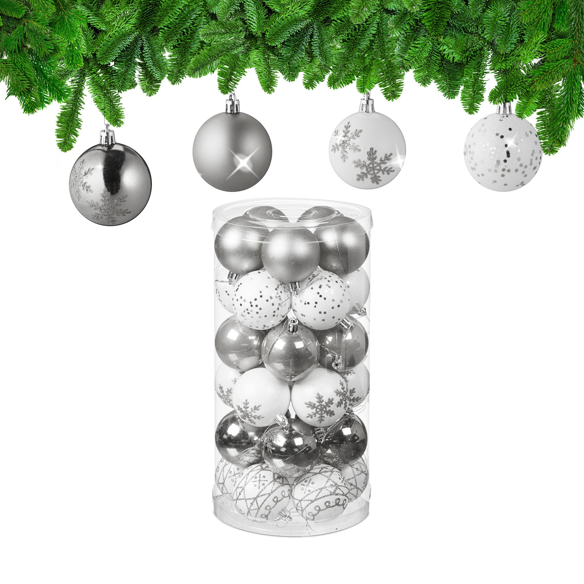 Weihnachtskugeln im 30er-Set Weiss-Silber