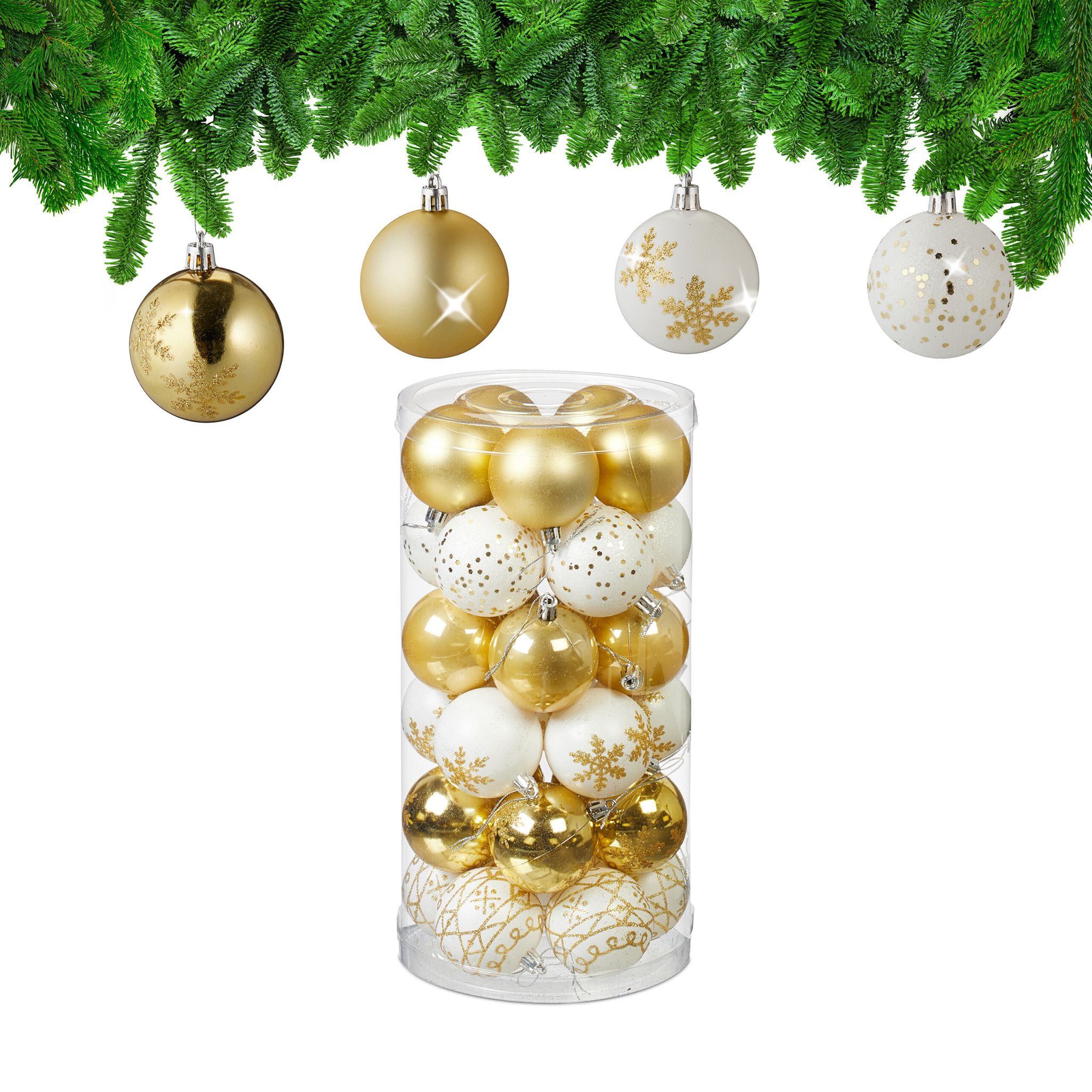 Weihnachtskugeln im 30er-Set Weiss-Gold-Silber