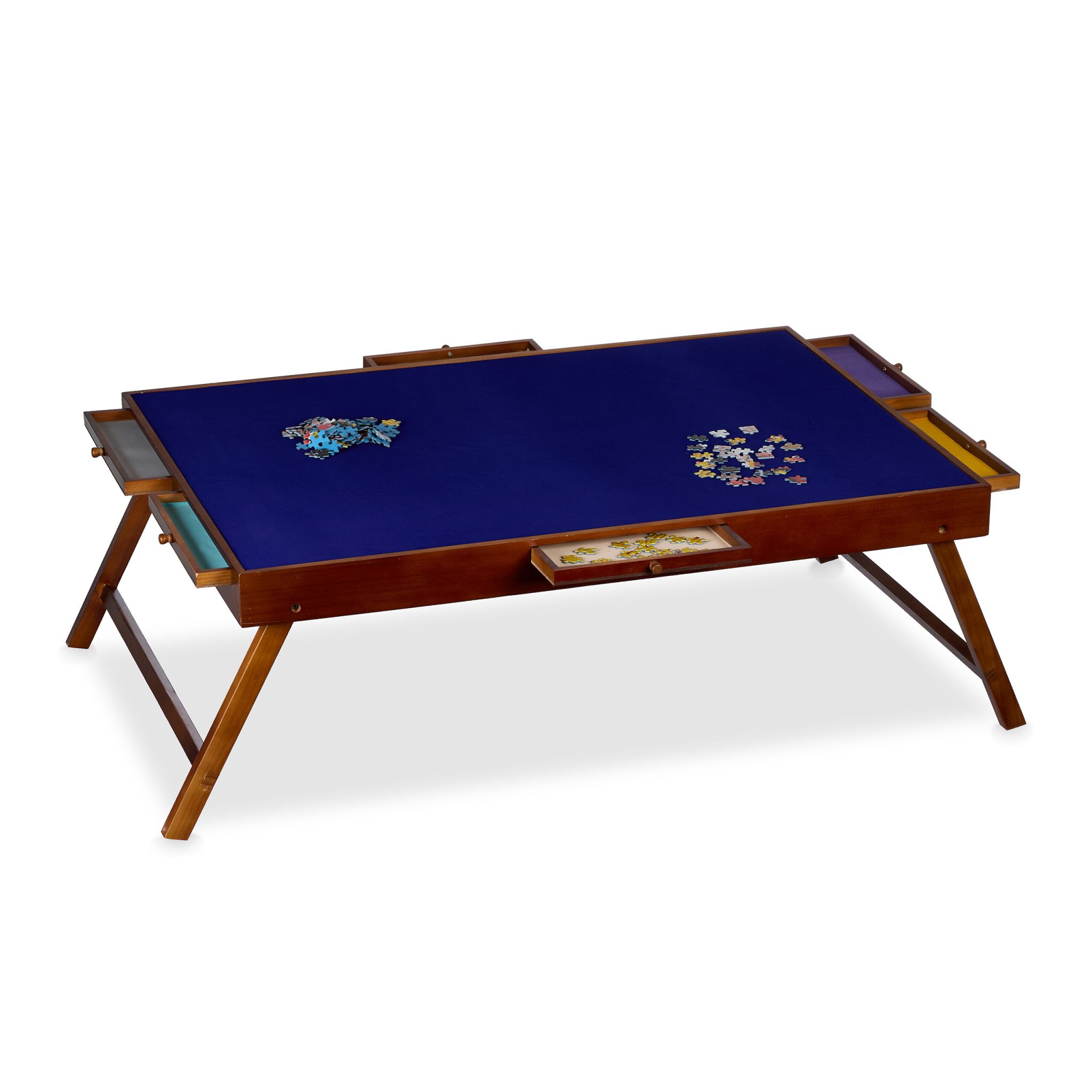Puzzletisch mit 6 Schubladen Braun-Creme-Dunkelblau