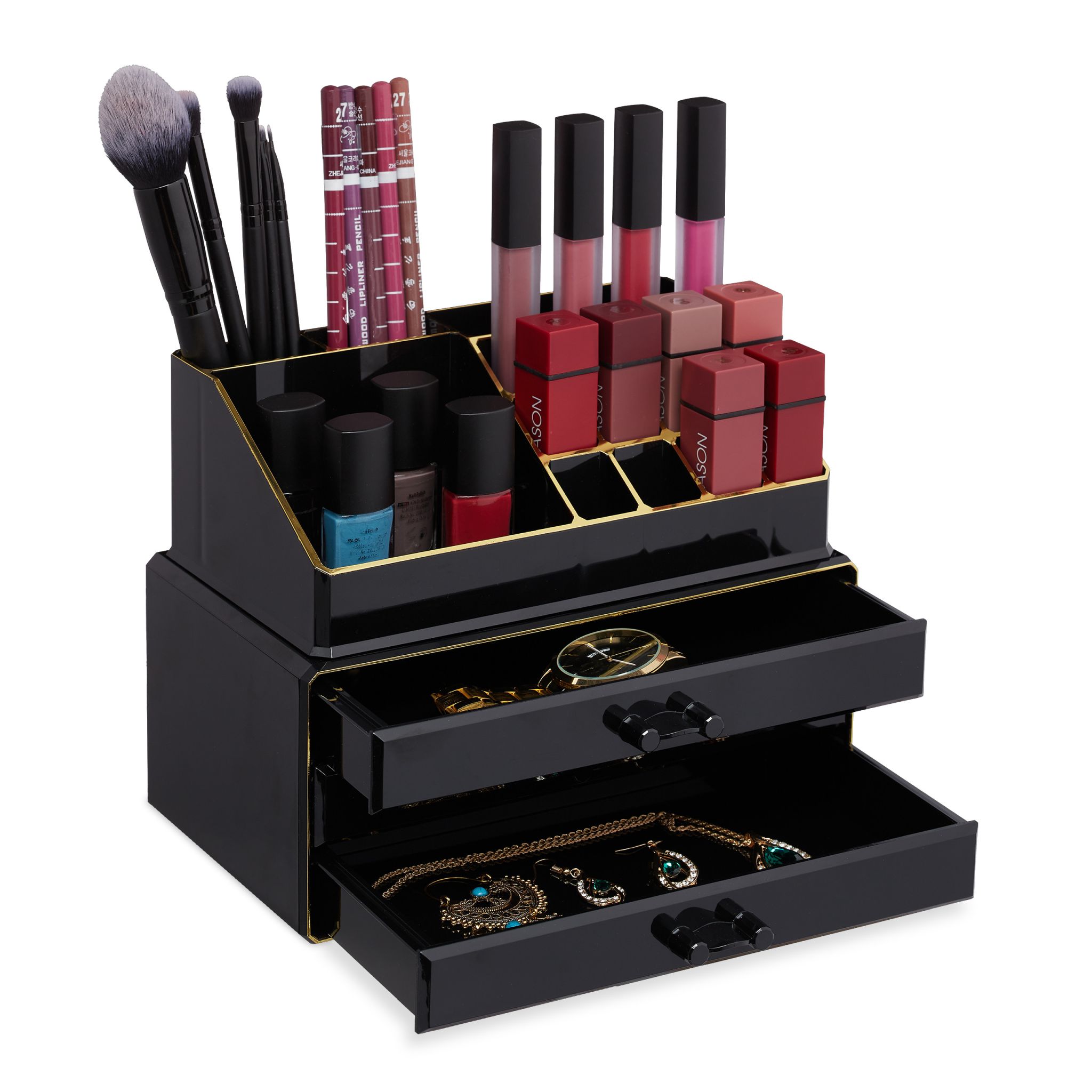 Make Up Organizer mit 3 Schubladen Gold-Schwarz