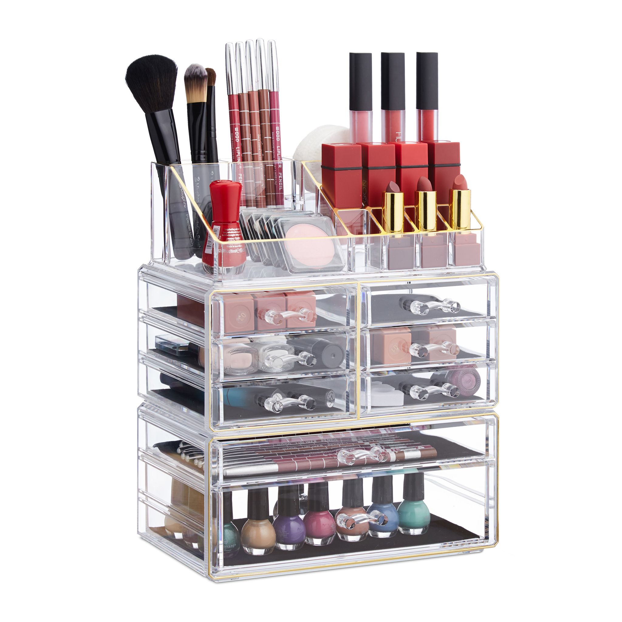 Make Up Organizer mit 8 Schubladen Gold-Transparent