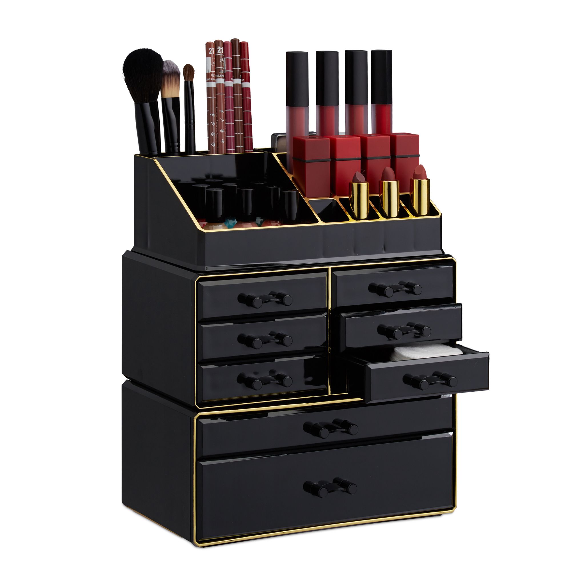 Make Up Organizer mit 8 Schubladen Gold-Schwarz