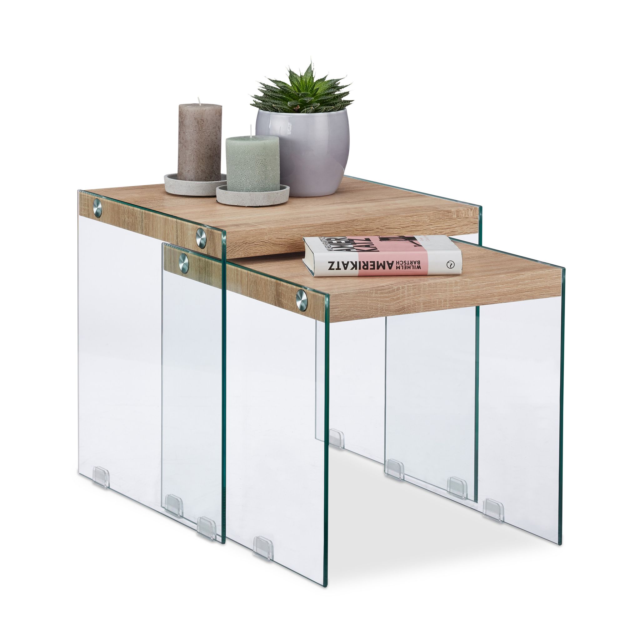 Satztisch 2er-Set Holz+Glas Hellbraun-Transparent