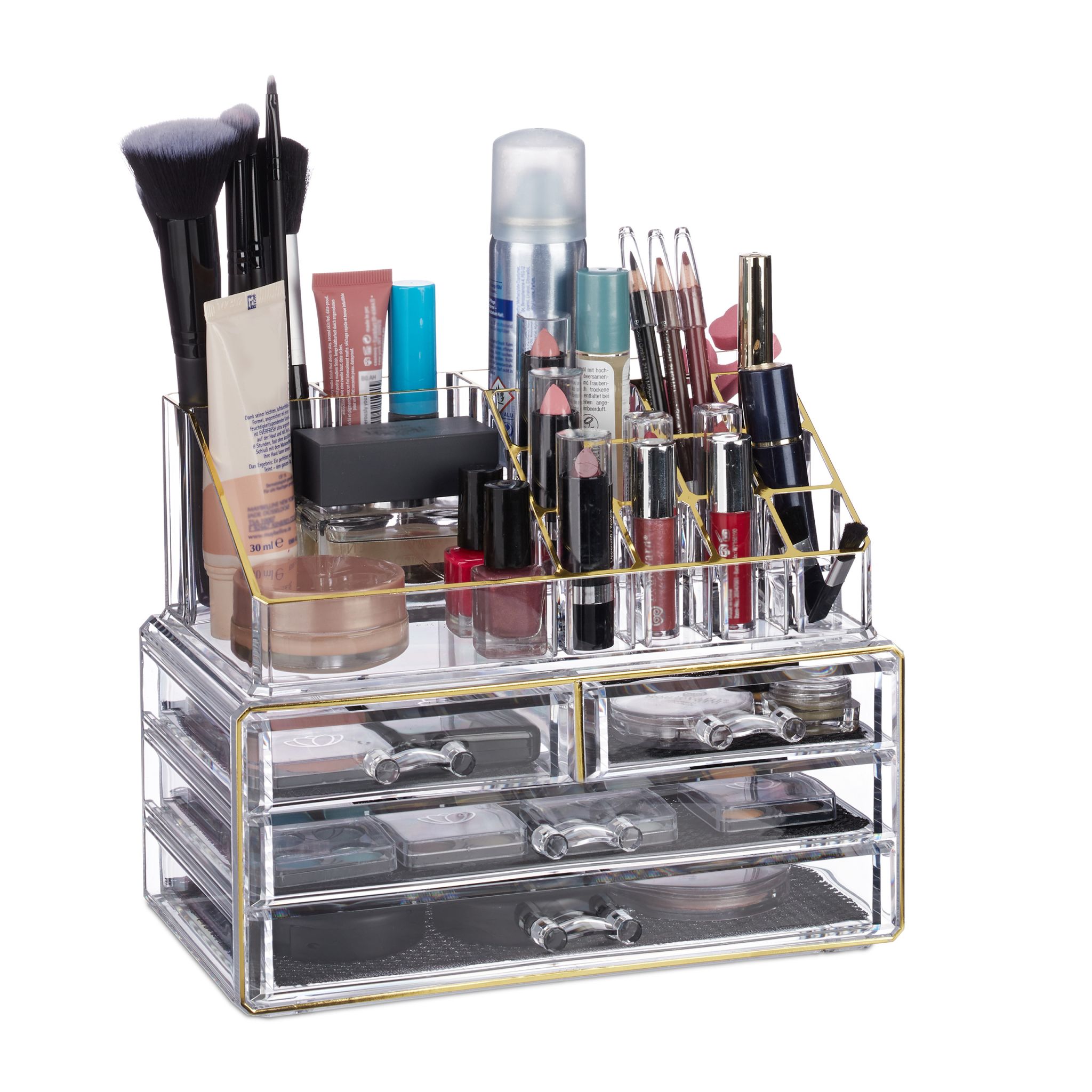 Make Up Organizer mit 4 Schubfächern Gold-Transparent