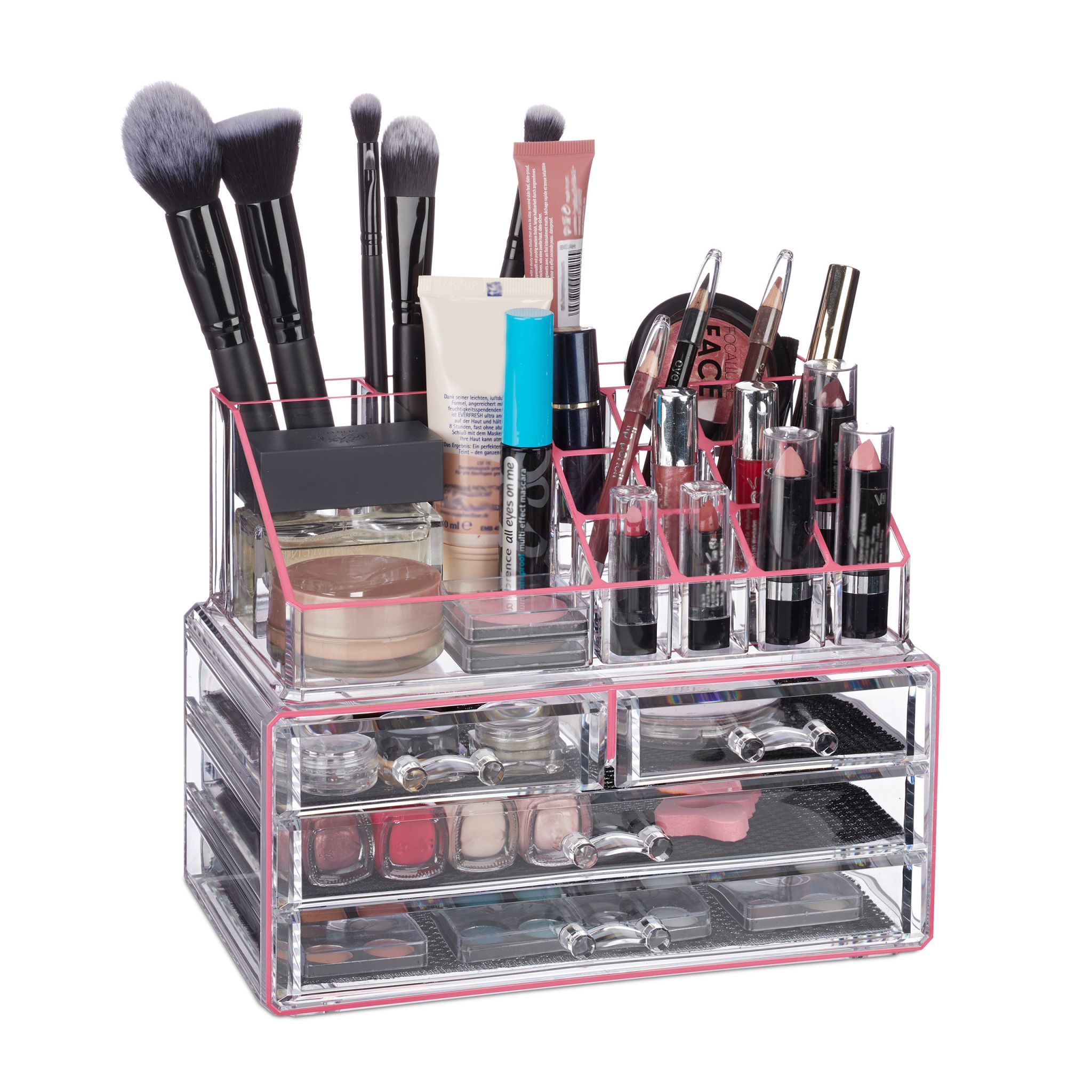 Make Up Organizer mit 4 Schubfächern Pink-Transparent