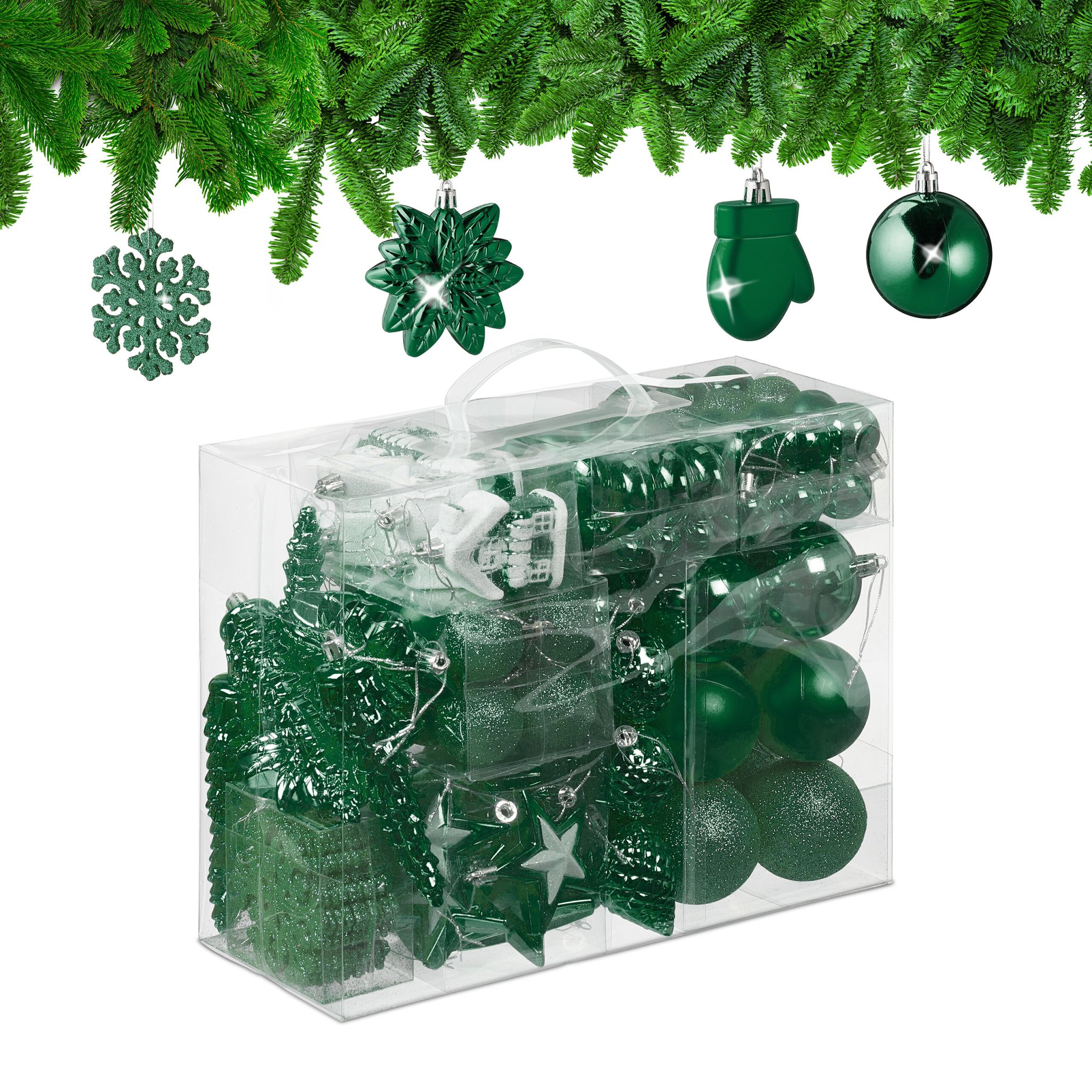 Weihnachtskugeln im 100er-Set Dunkelgrün-Weiss-Silber