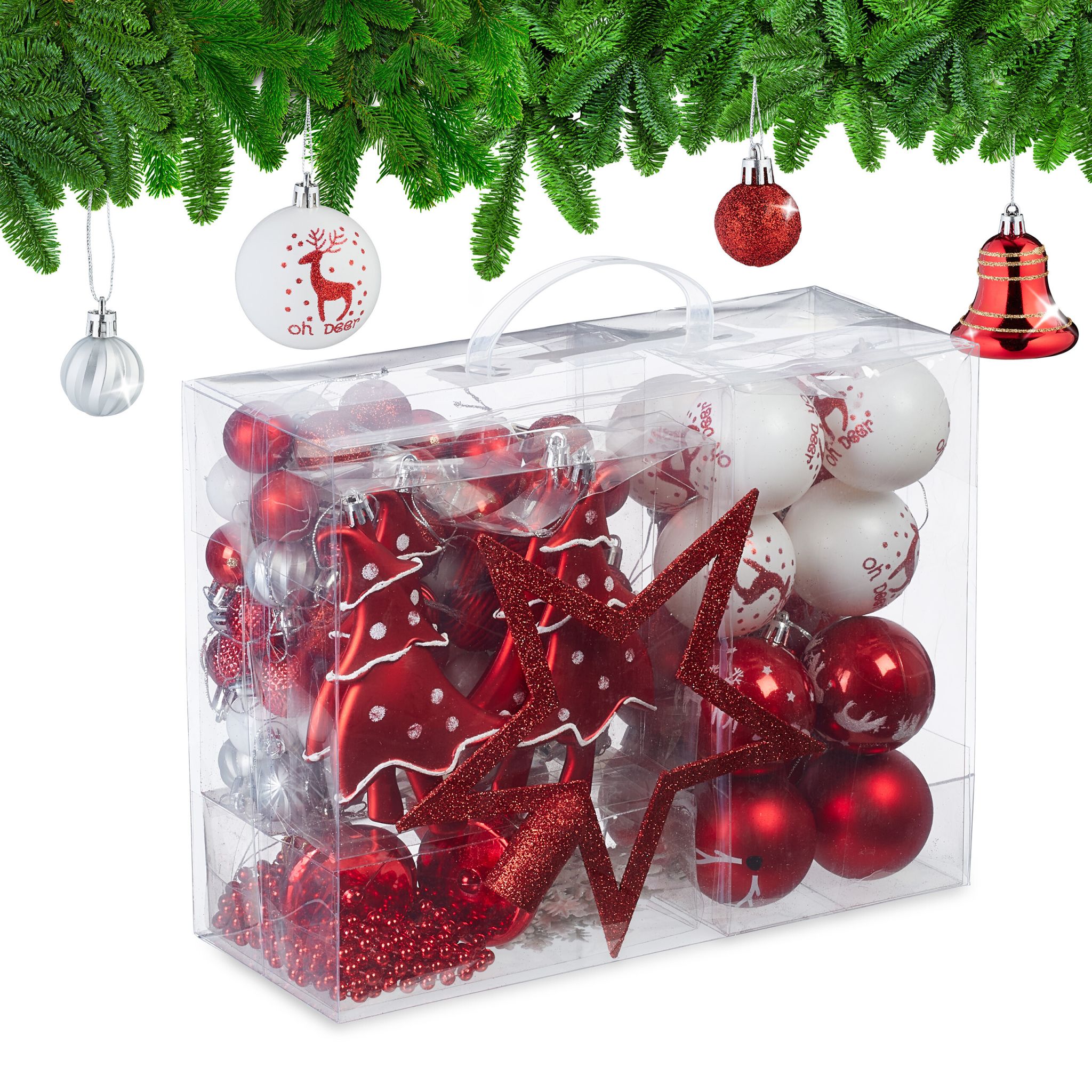 Weihnachtskugeln im 103er-Set Rot-Weiss-Silber