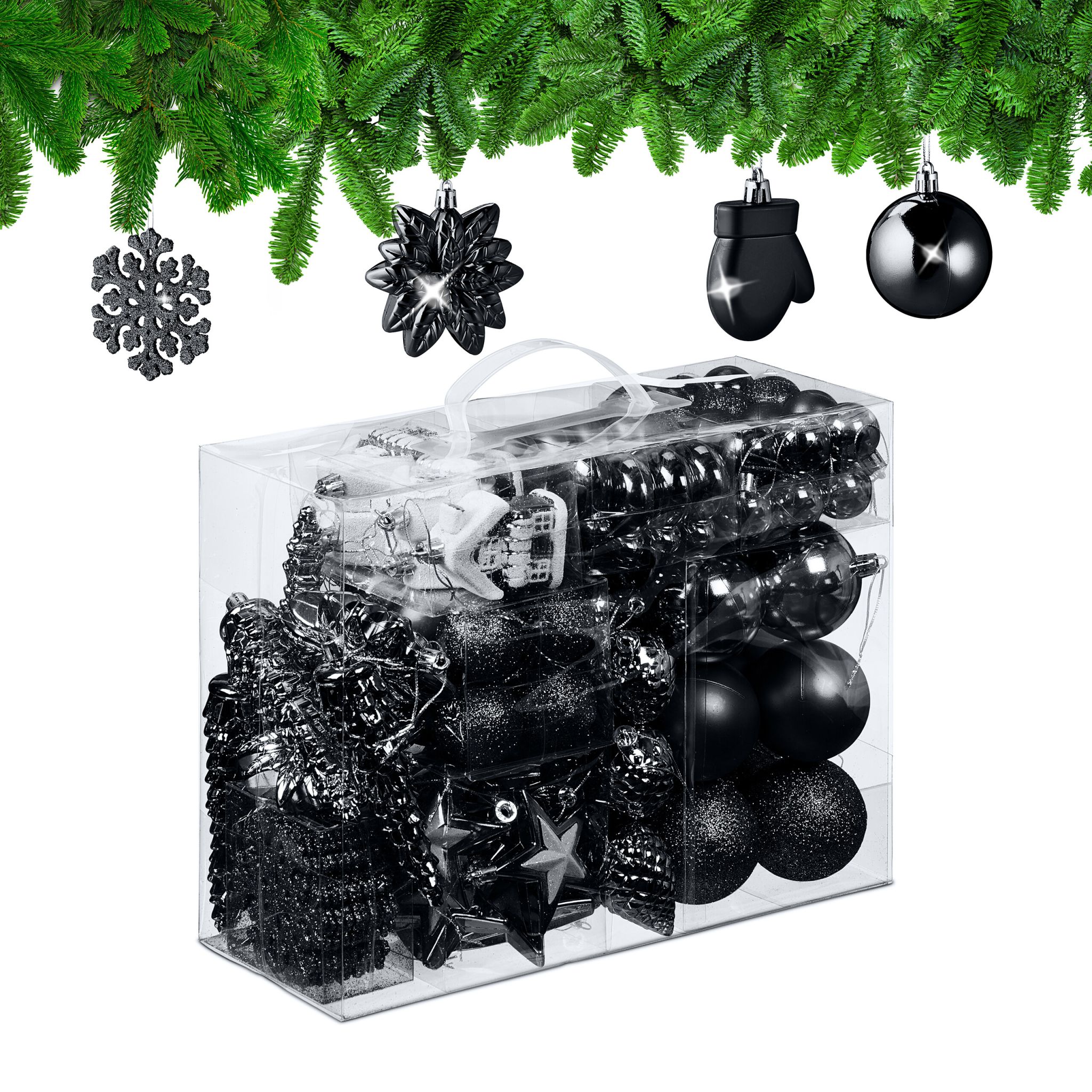 Weihnachtskugeln im 100er-Set Schwarz-Weiss-Silber