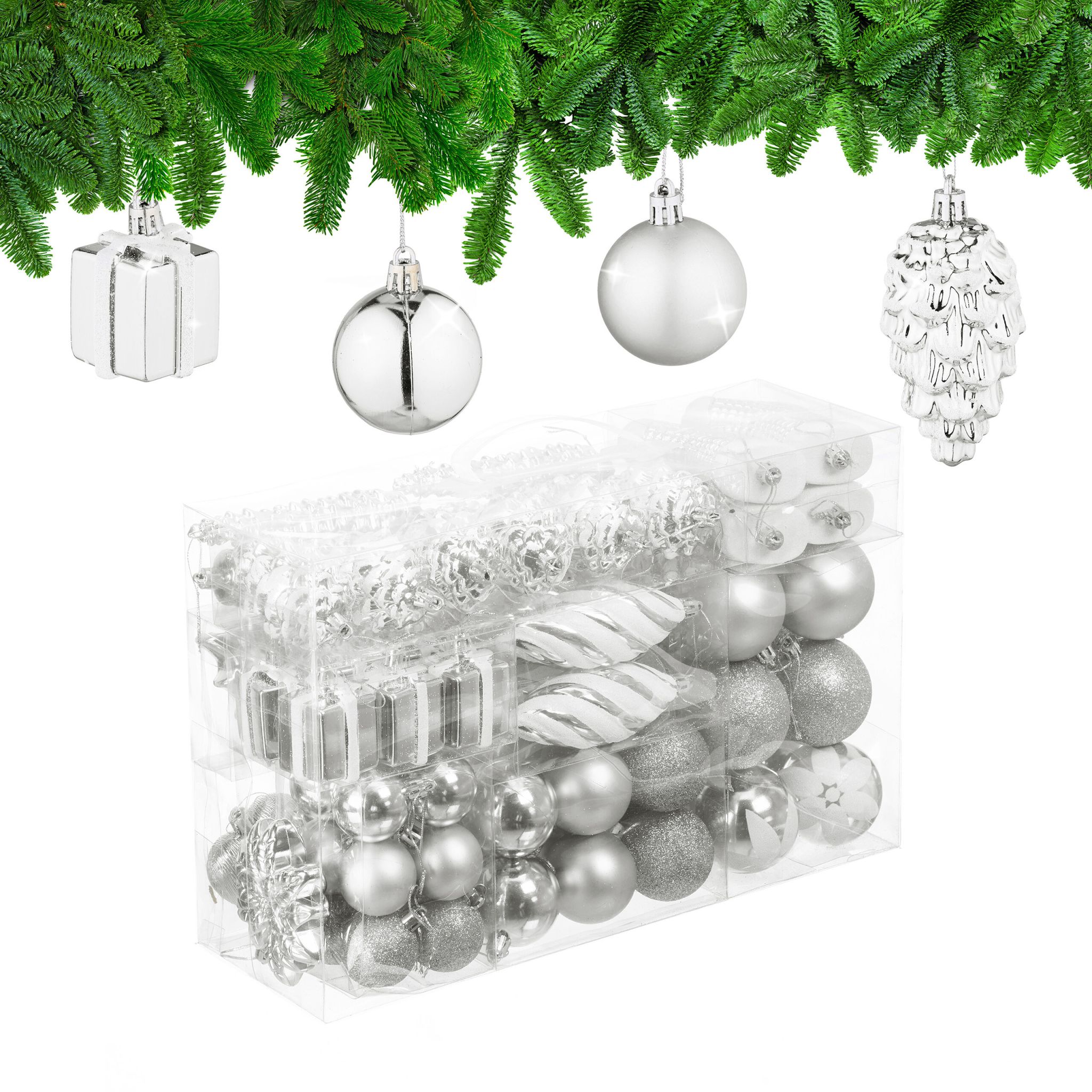 Weihnachtskugeln im 72er-Set Silber-Weiss