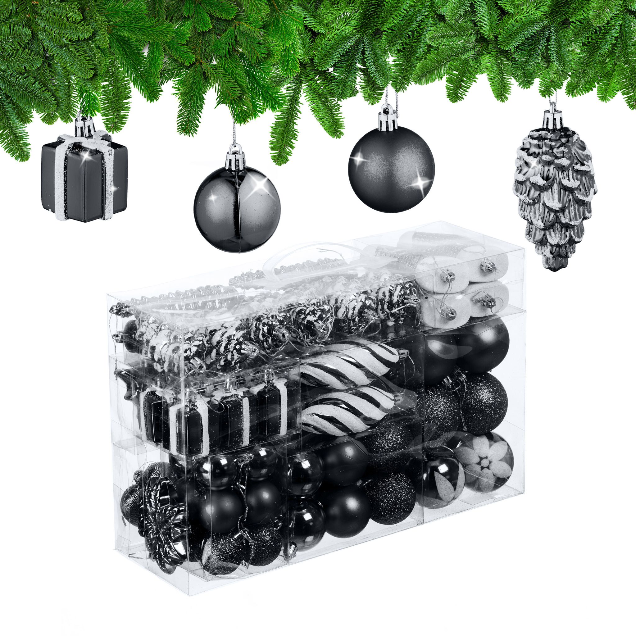Weihnachtskugeln im 72er-Set Schwarz-Weiss