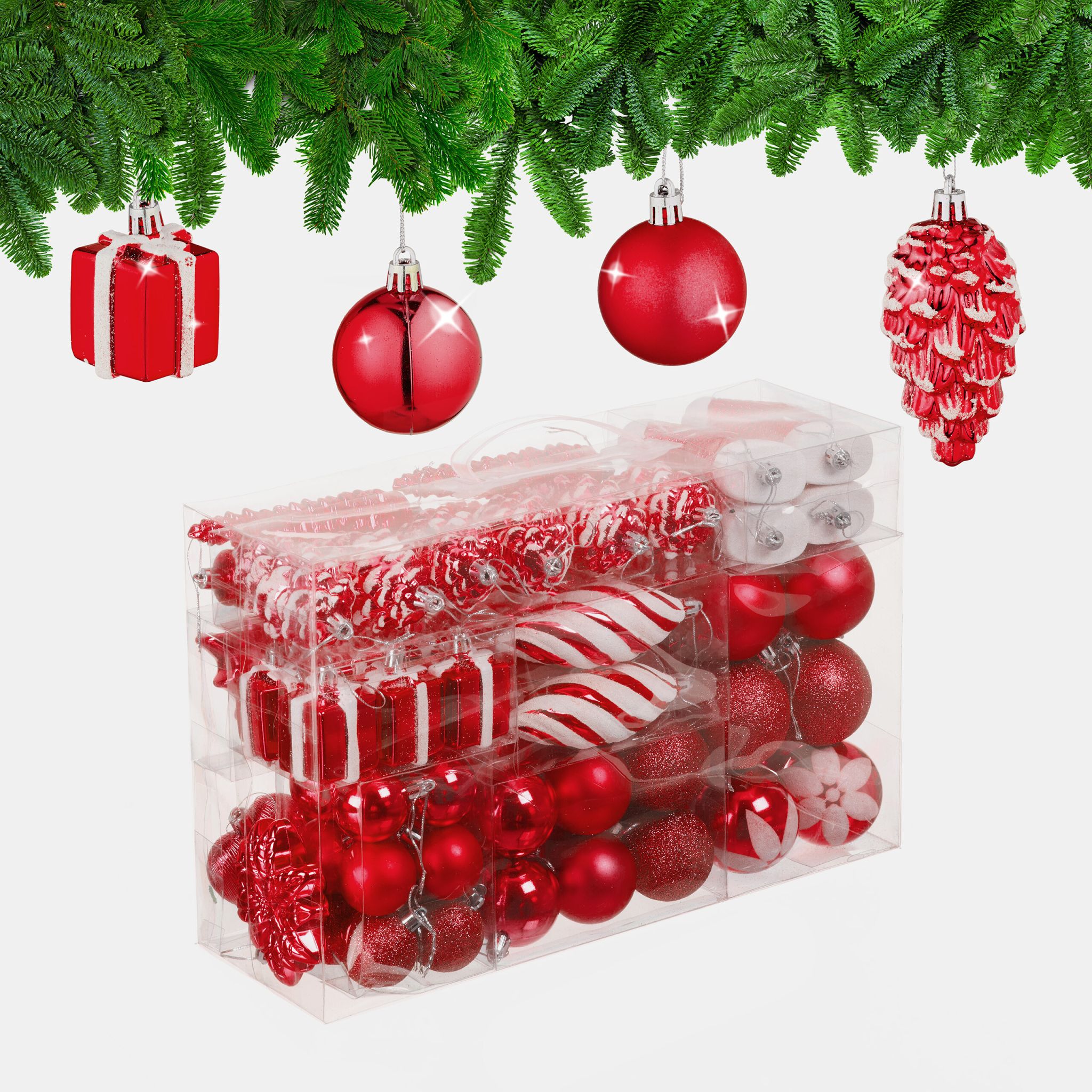 Weihnachtskugeln im 72er-Set Rot-Weiss