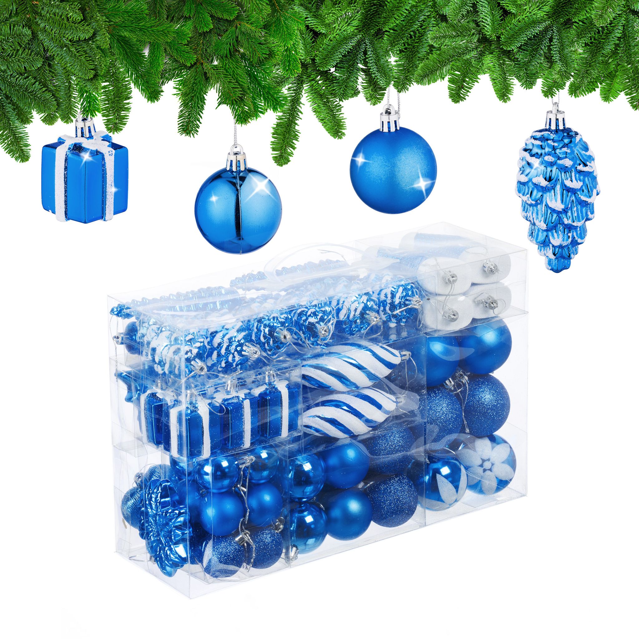 Weihnachtskugeln im 72er-Set Blau-Weiss