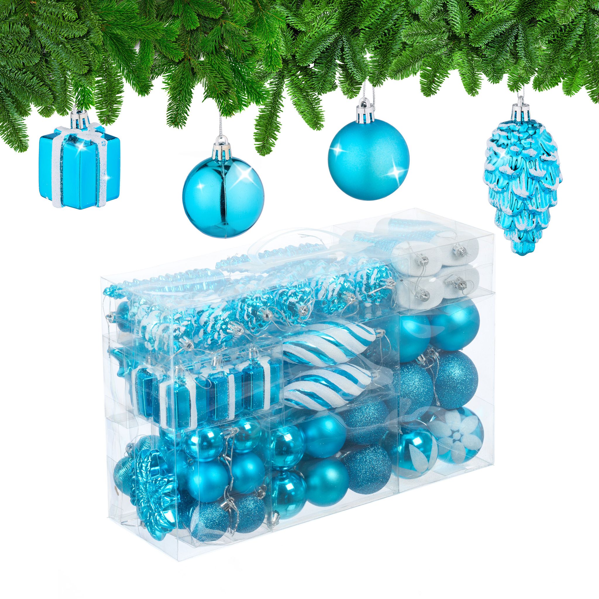 Weihnachtskugeln im 72er-Set Türkis-Weiss