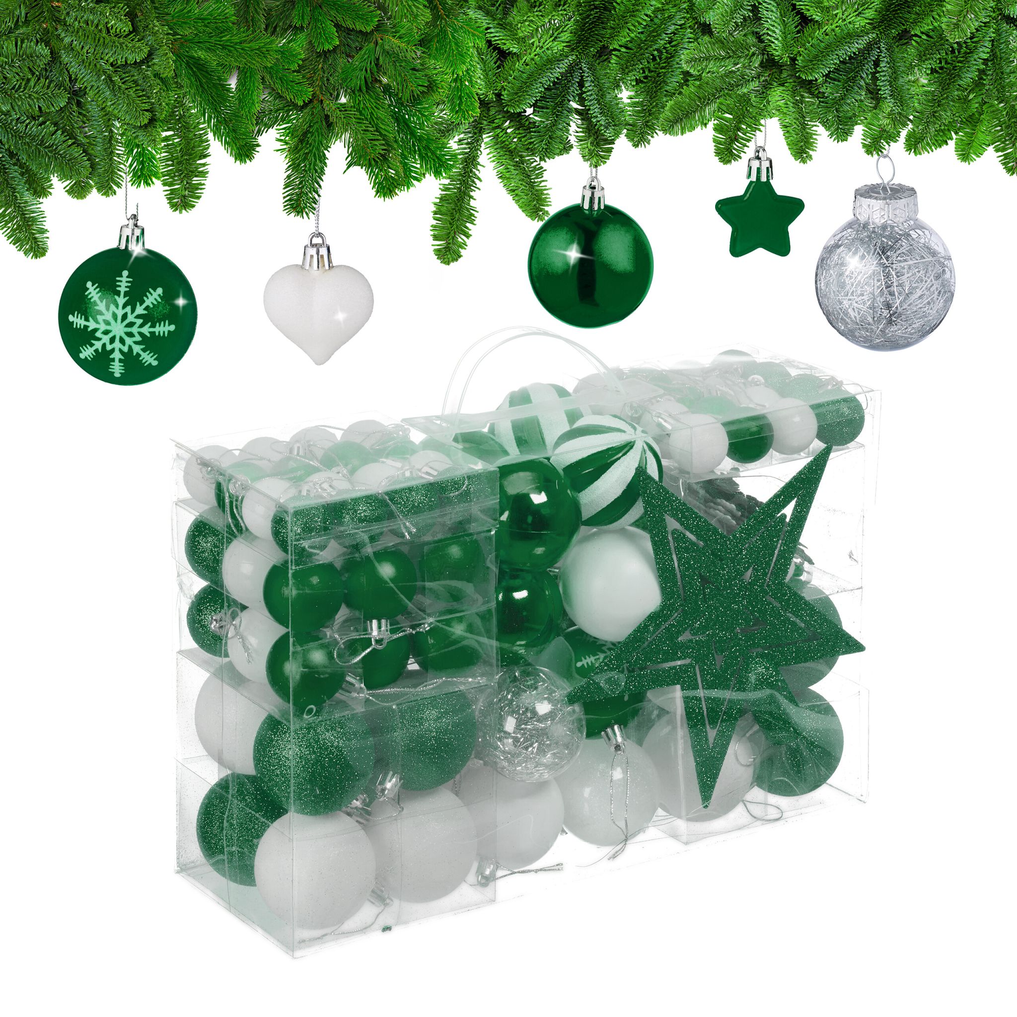 Weihnachtskugeln im 101er-Set Dunkelgrün-Weiss-Silber