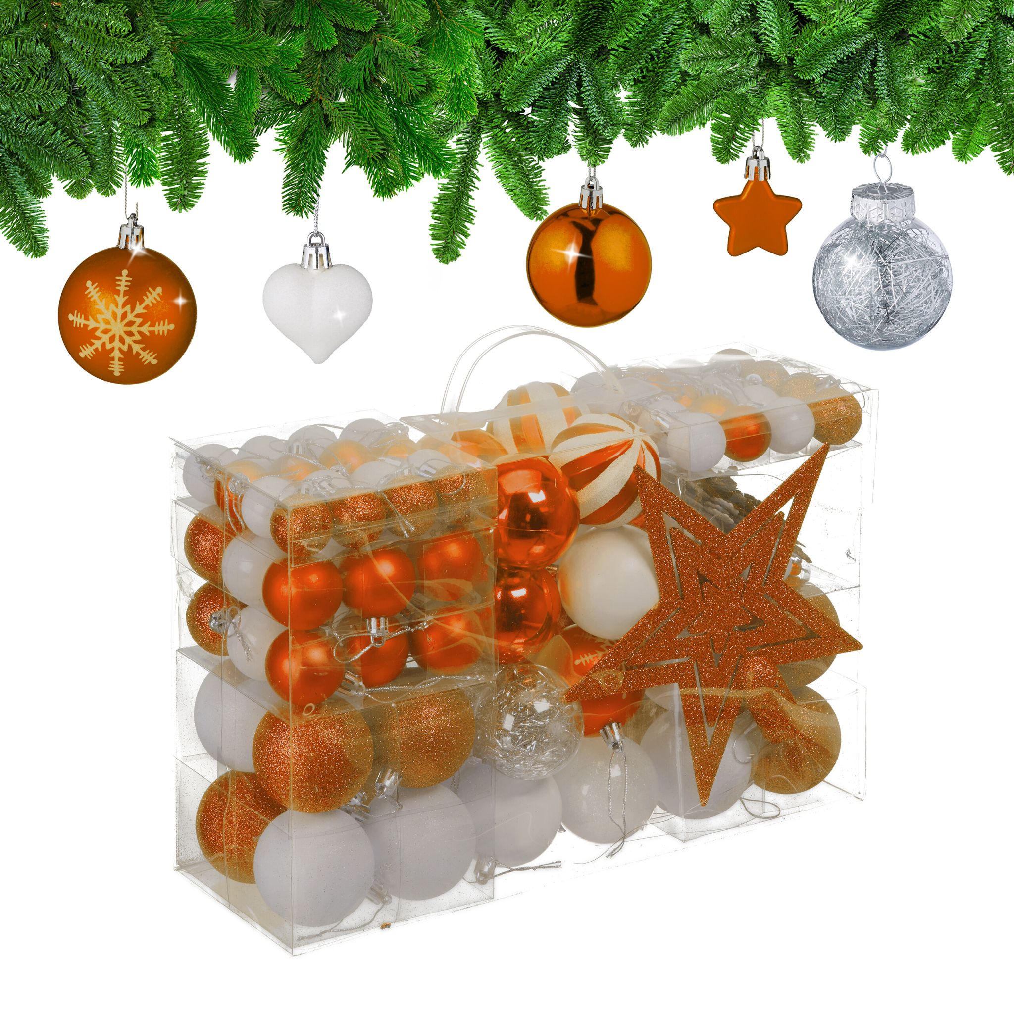 Weihnachtskugeln im 101er-Set Orange-Weiss-Silber