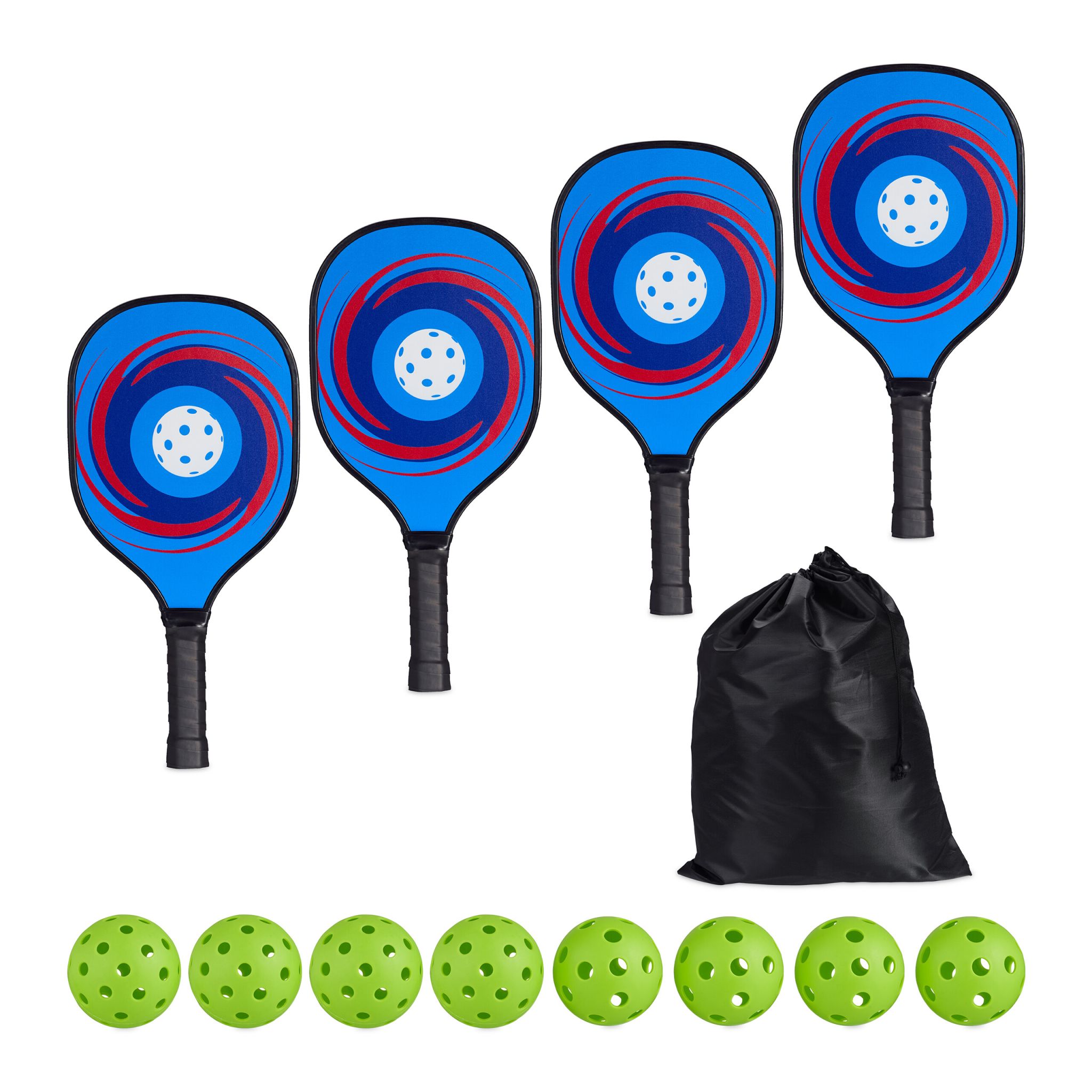 Pickleball Set 4 Schläger & 8 Bälle Blau-Grün-Schwarz