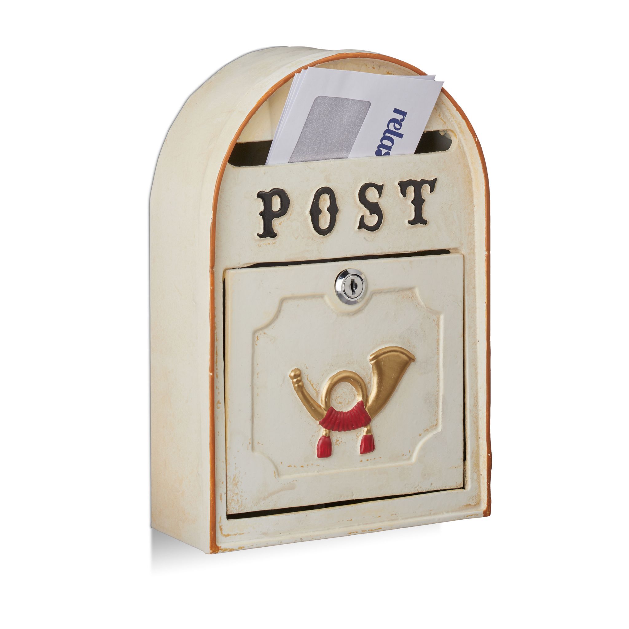 Briefkasten antik mit Posthorn Beige-Gold-Rot