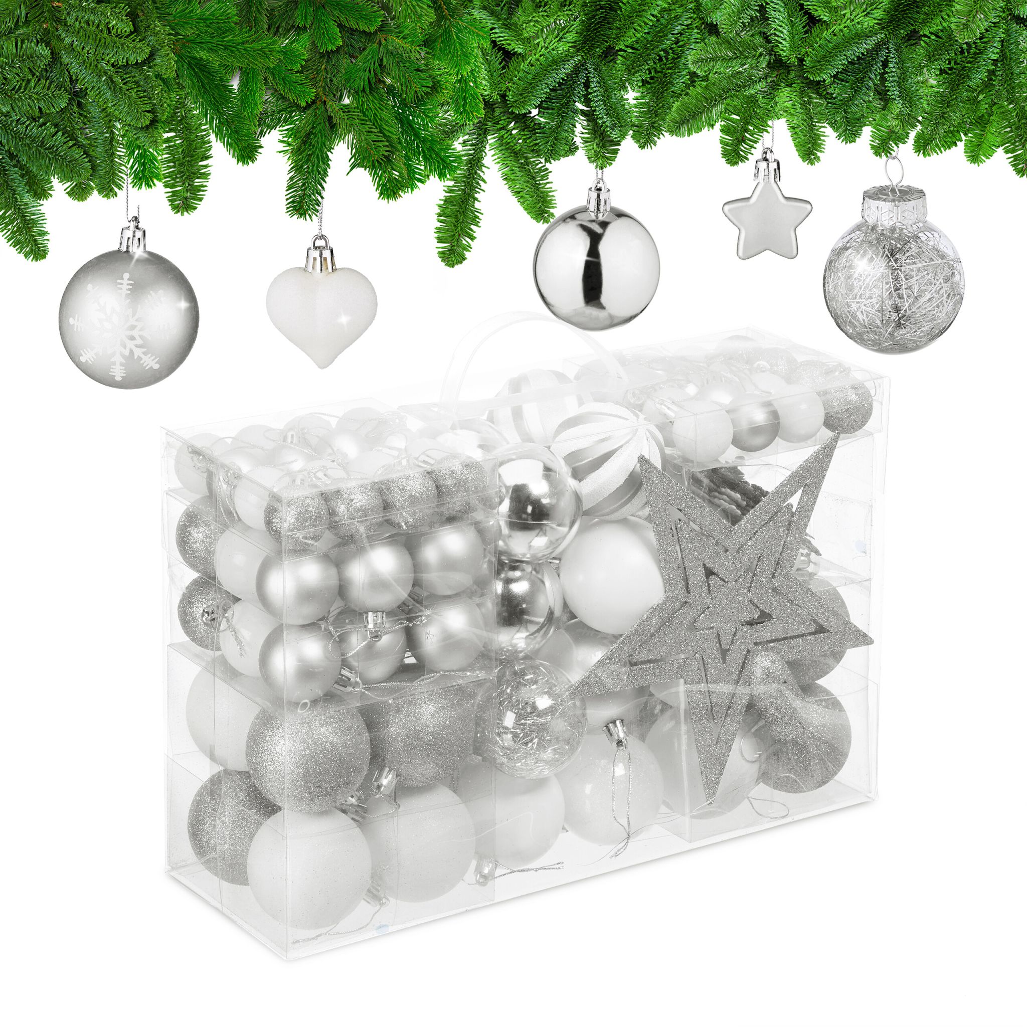 Weihnachtskugeln im 101er-Set Silber-Weiss