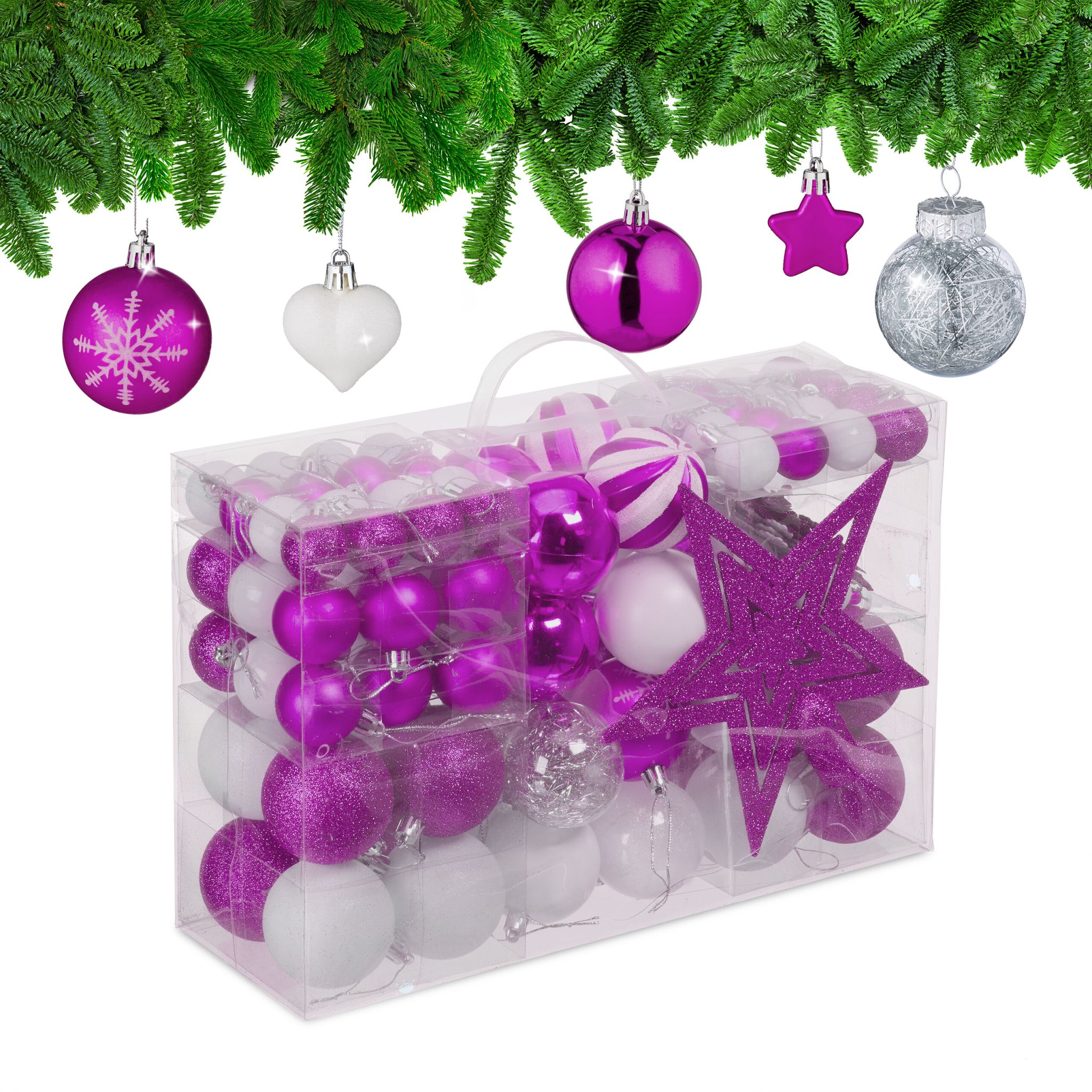 Weihnachtskugeln im 101er-Set Pink-Weiss-Silber