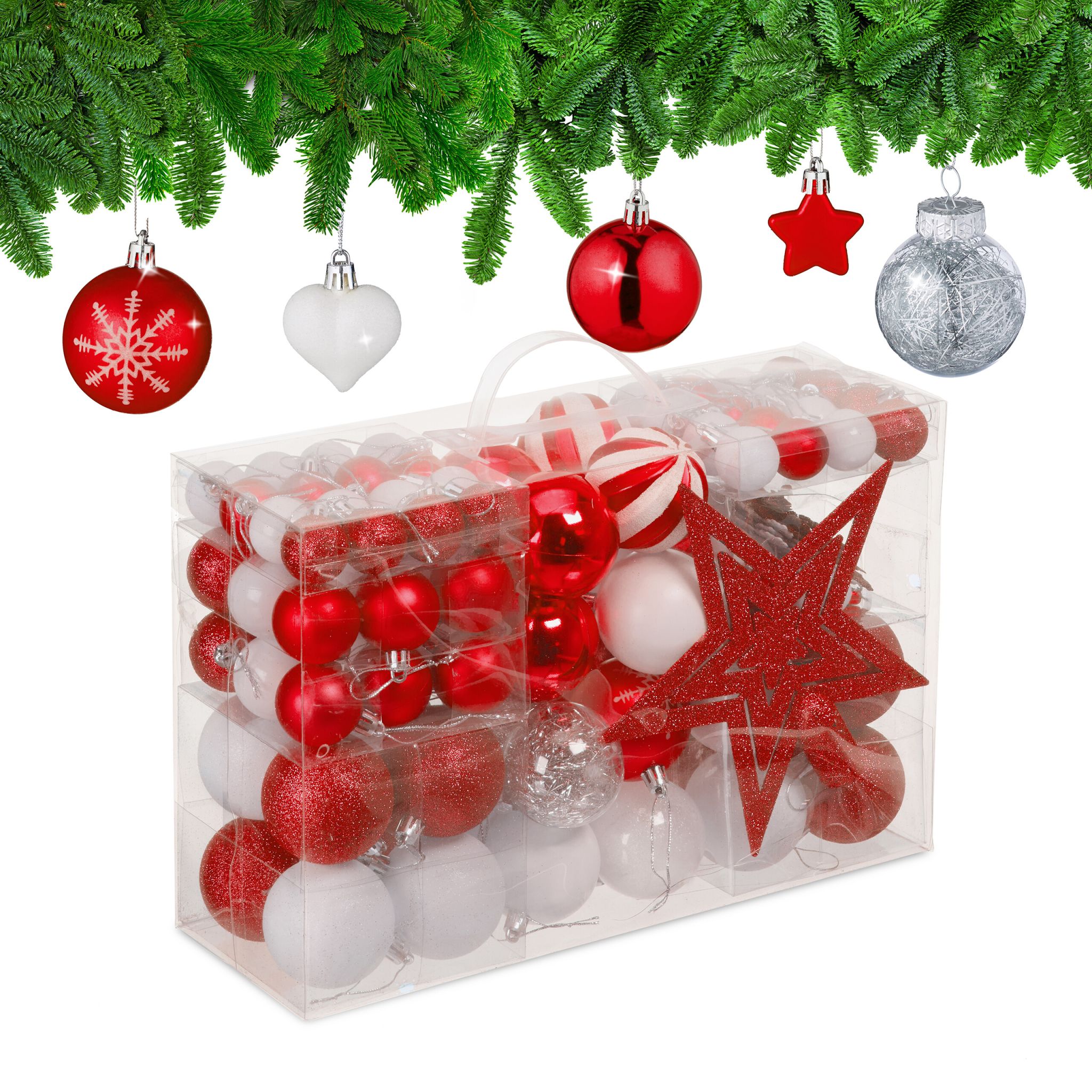 Weihnachtskugeln im 101er-Set Rot-Weiss-Silber