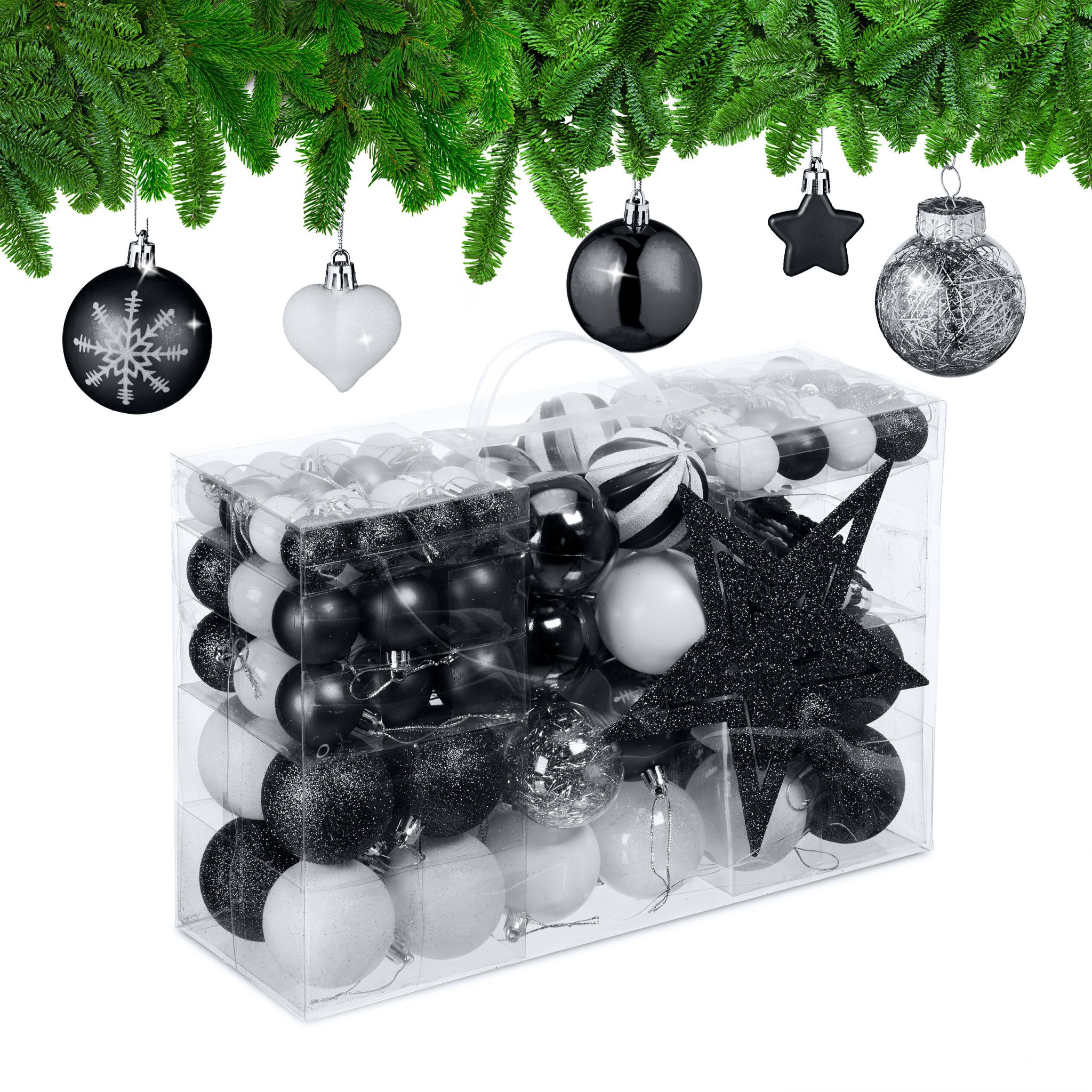 Weihnachtskugeln im 101er-Set Schwarz-Weiss-Silber