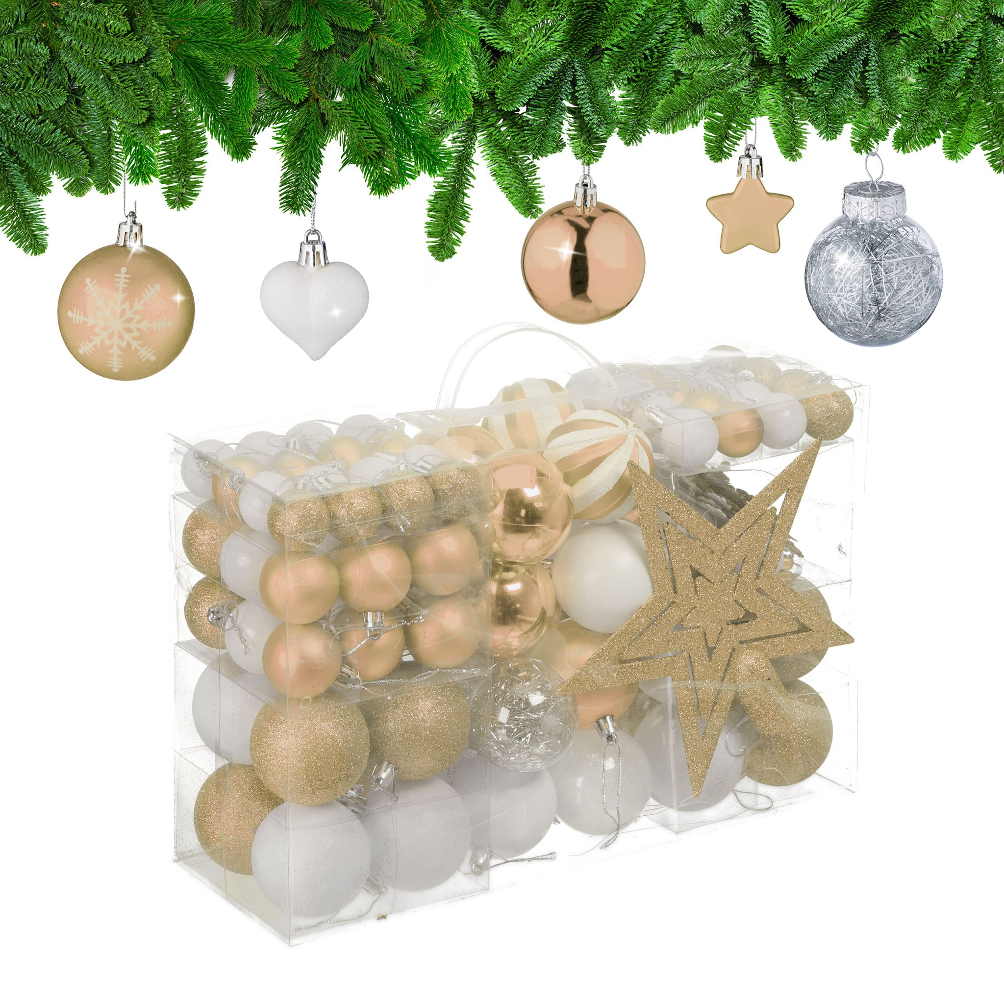 Weihnachtskugeln im 101er-Set Beige-Weiss-Silber