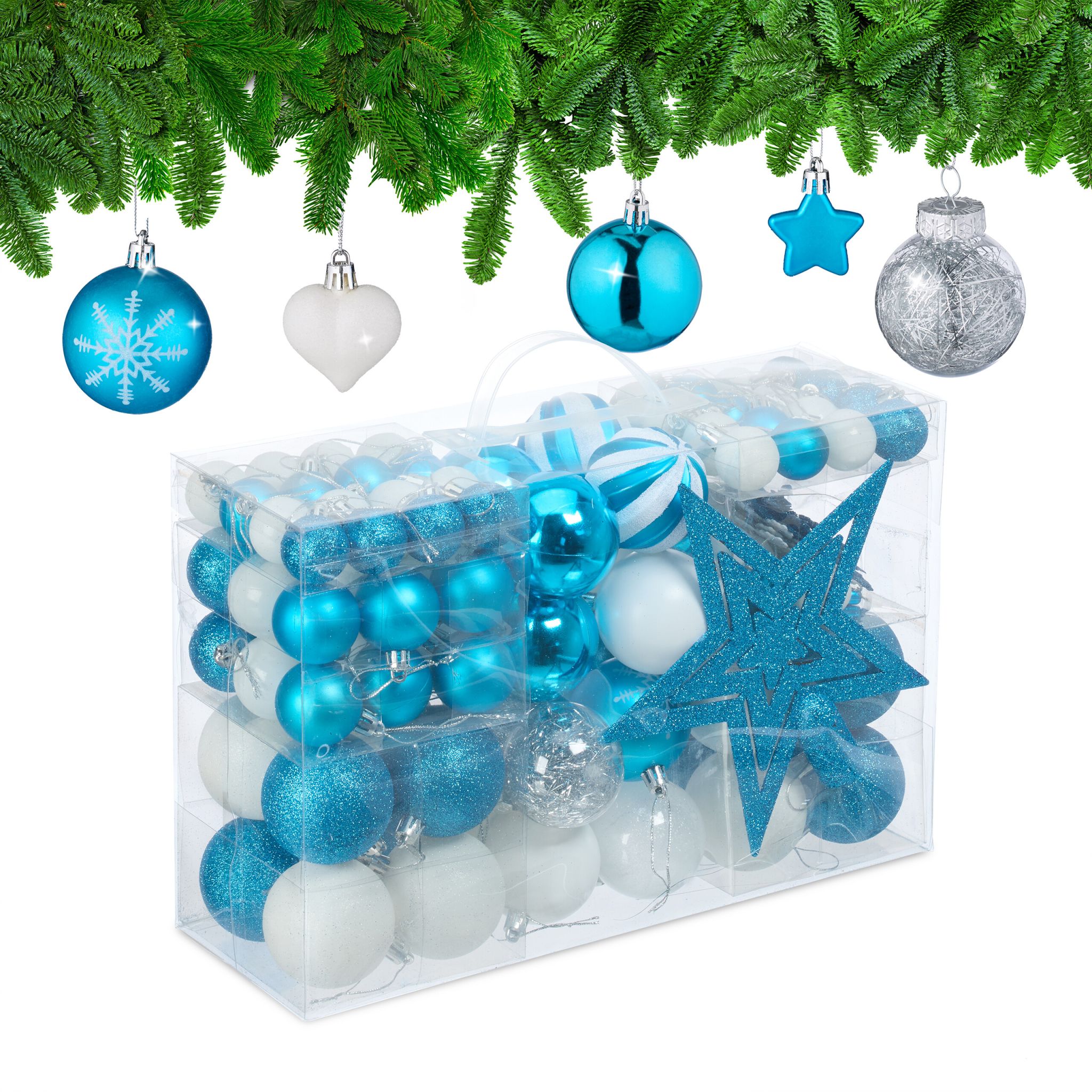 Weihnachtskugeln im 101er-Set Blau-Weiss-Silber
