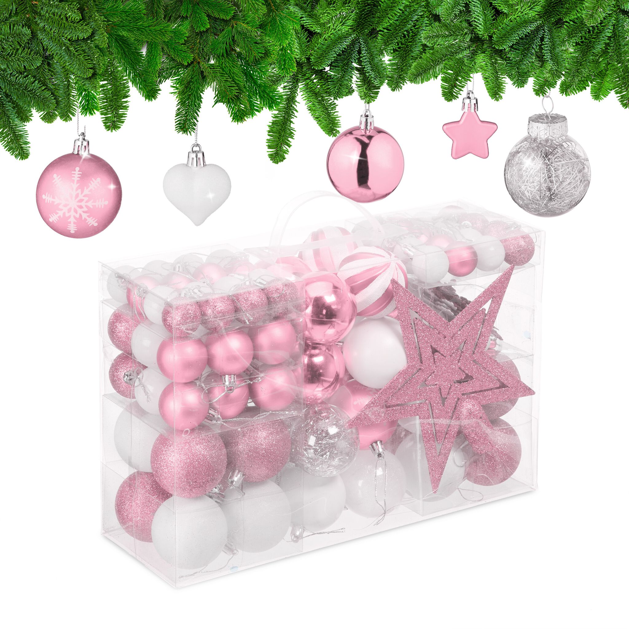 Weihnachtskugeln im 101er-Set Rosa-Weiss-Silber
